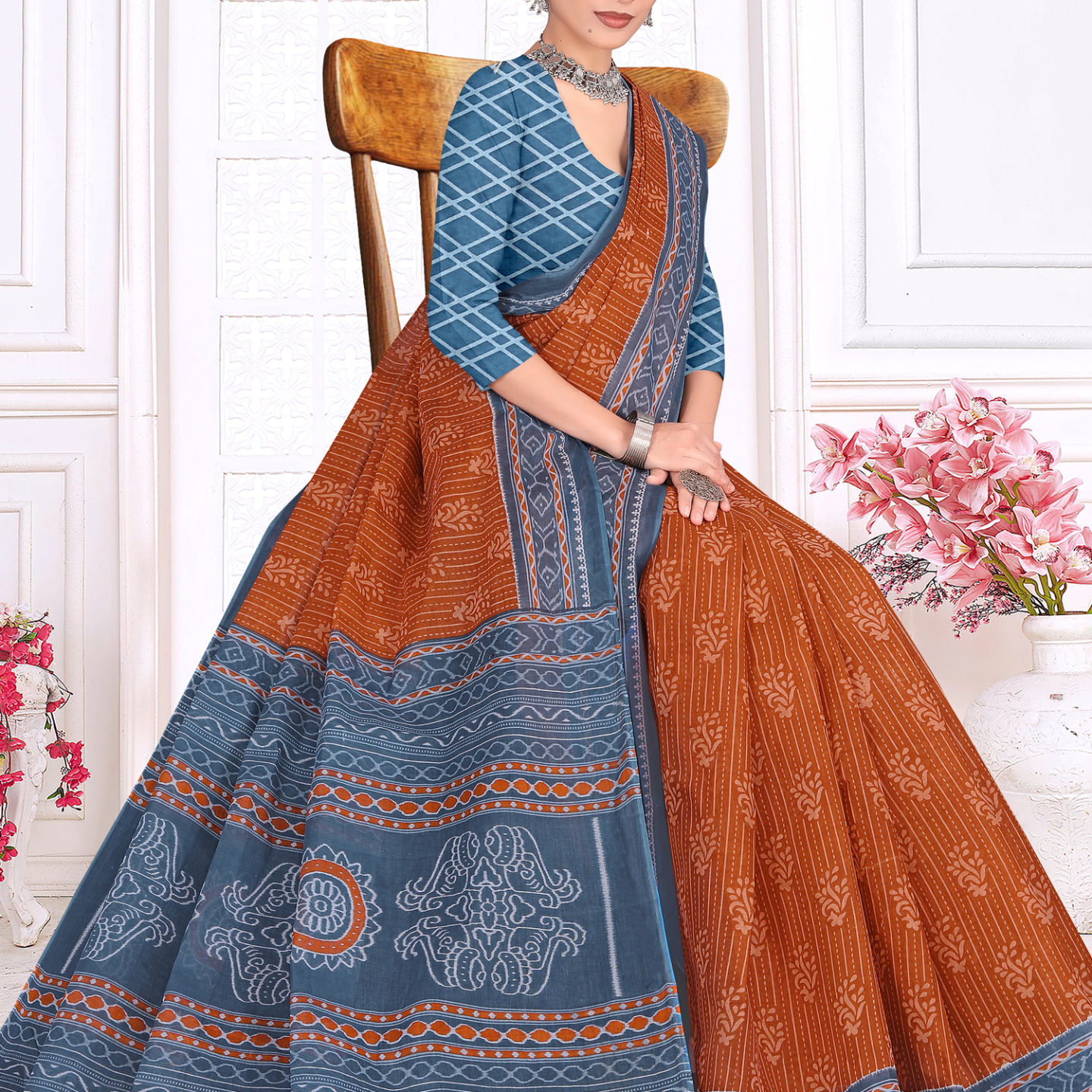 Rust Orange & Grey cotton saree [sku:KN-67471]