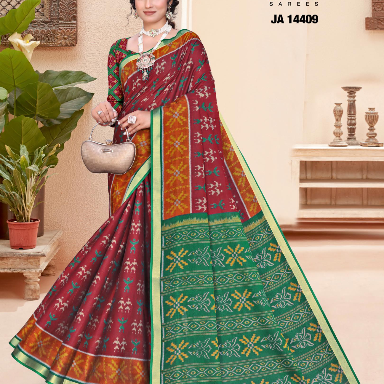 Maroon & Green muslin saree [sku:JA-14409]