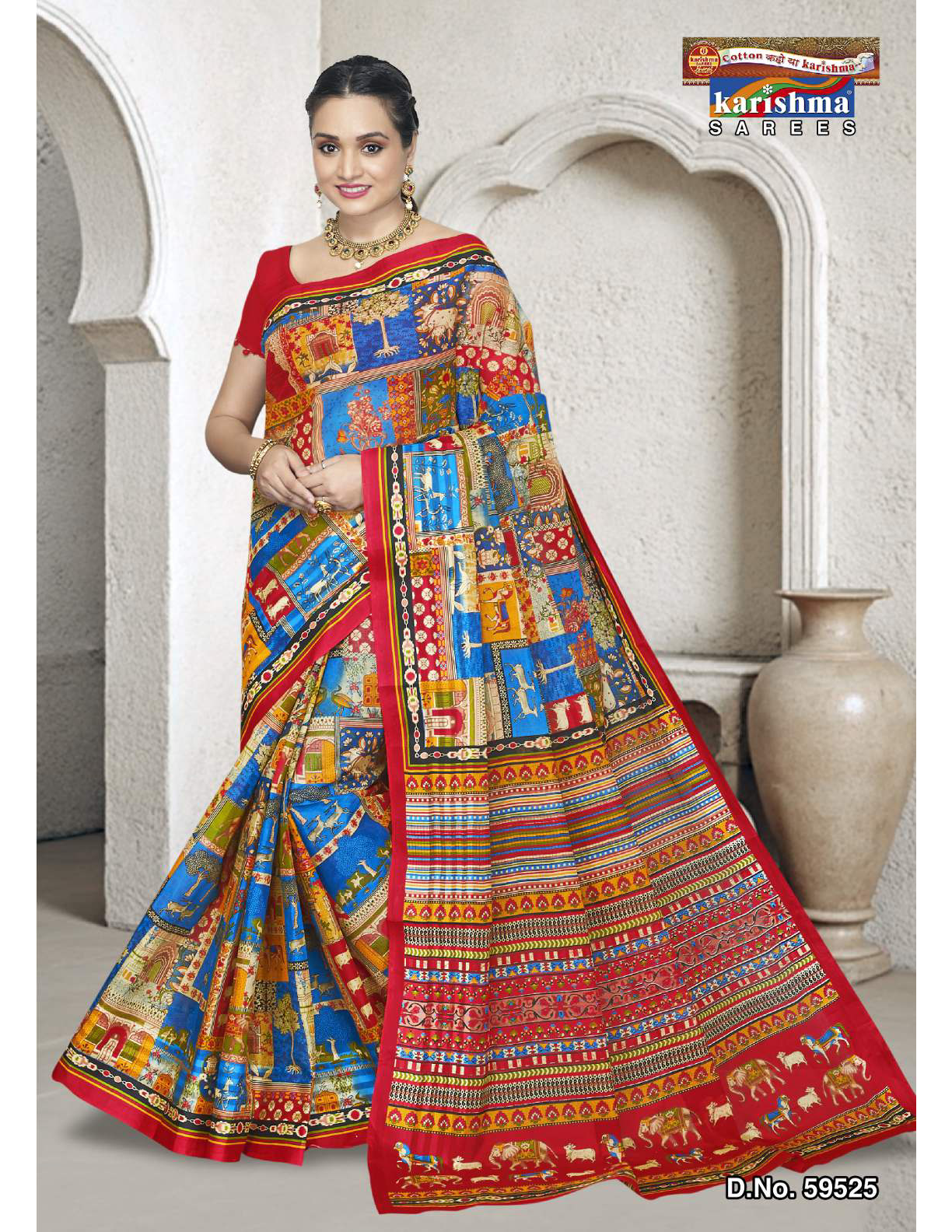 Blue, Red & Multicolor cotton saree [sku:D.NO. 59525]