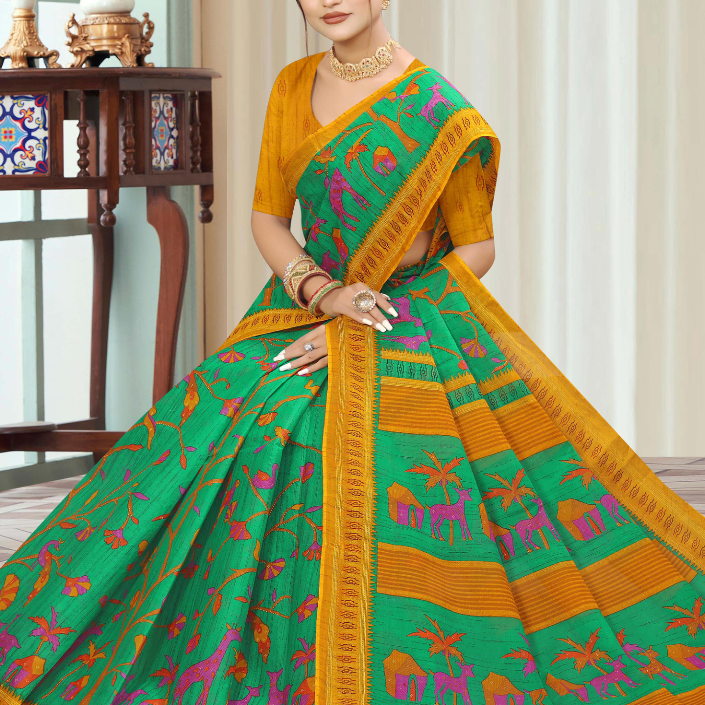 Emerald Green & Yellow cotton saree [sku:KN-46865]
