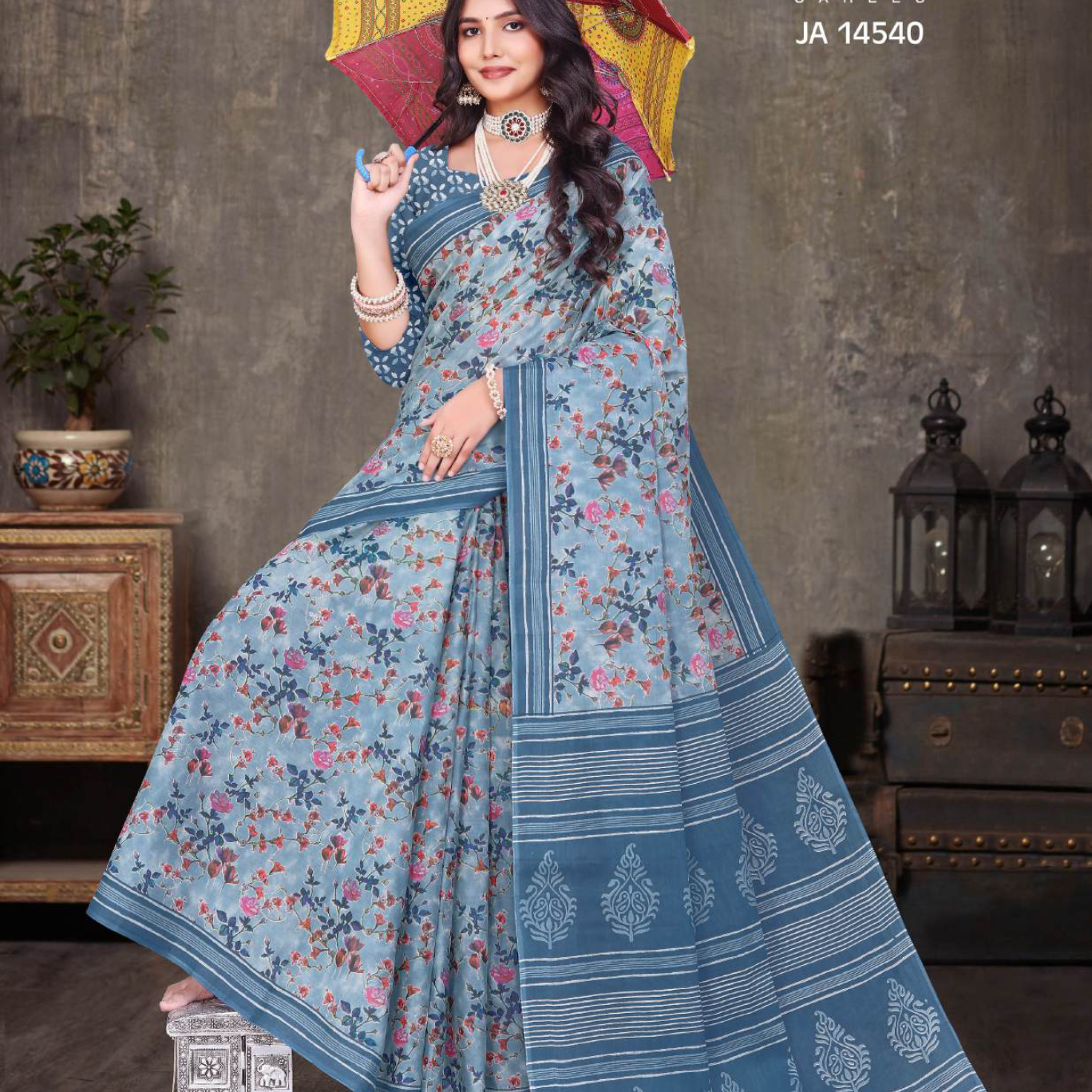 Slate Blue soft cotton saree [sku:JA 14540]