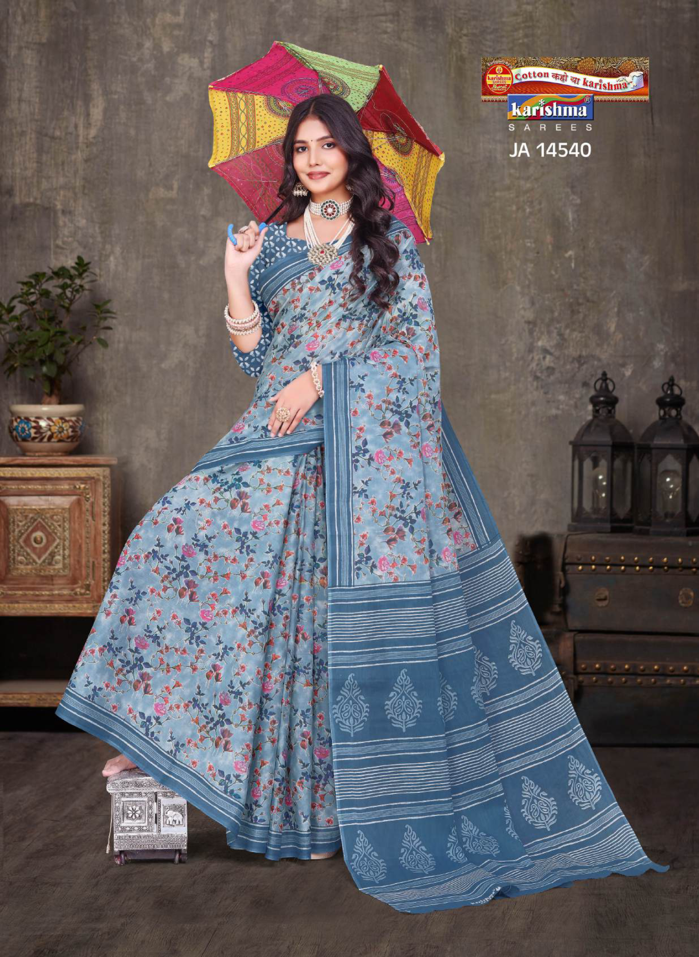 Slate Blue soft cotton saree [sku:JA 14540]