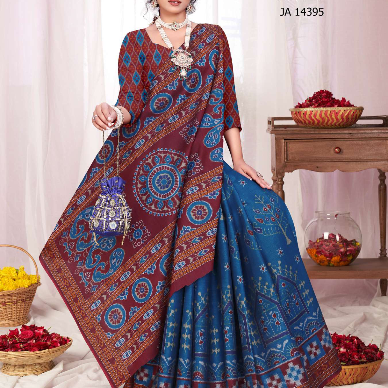 Blue & Maroon muslin saree