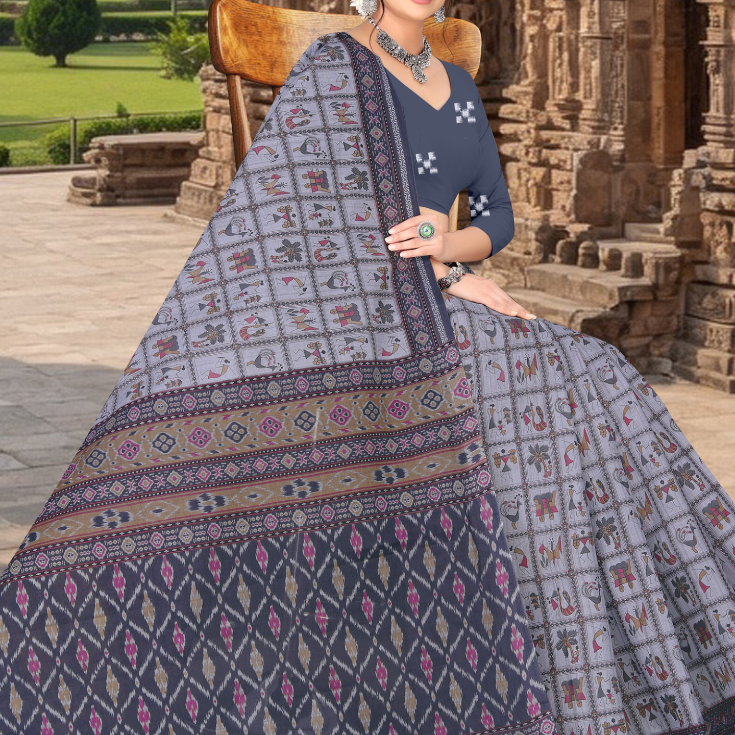 Grey & Navy cotton saree