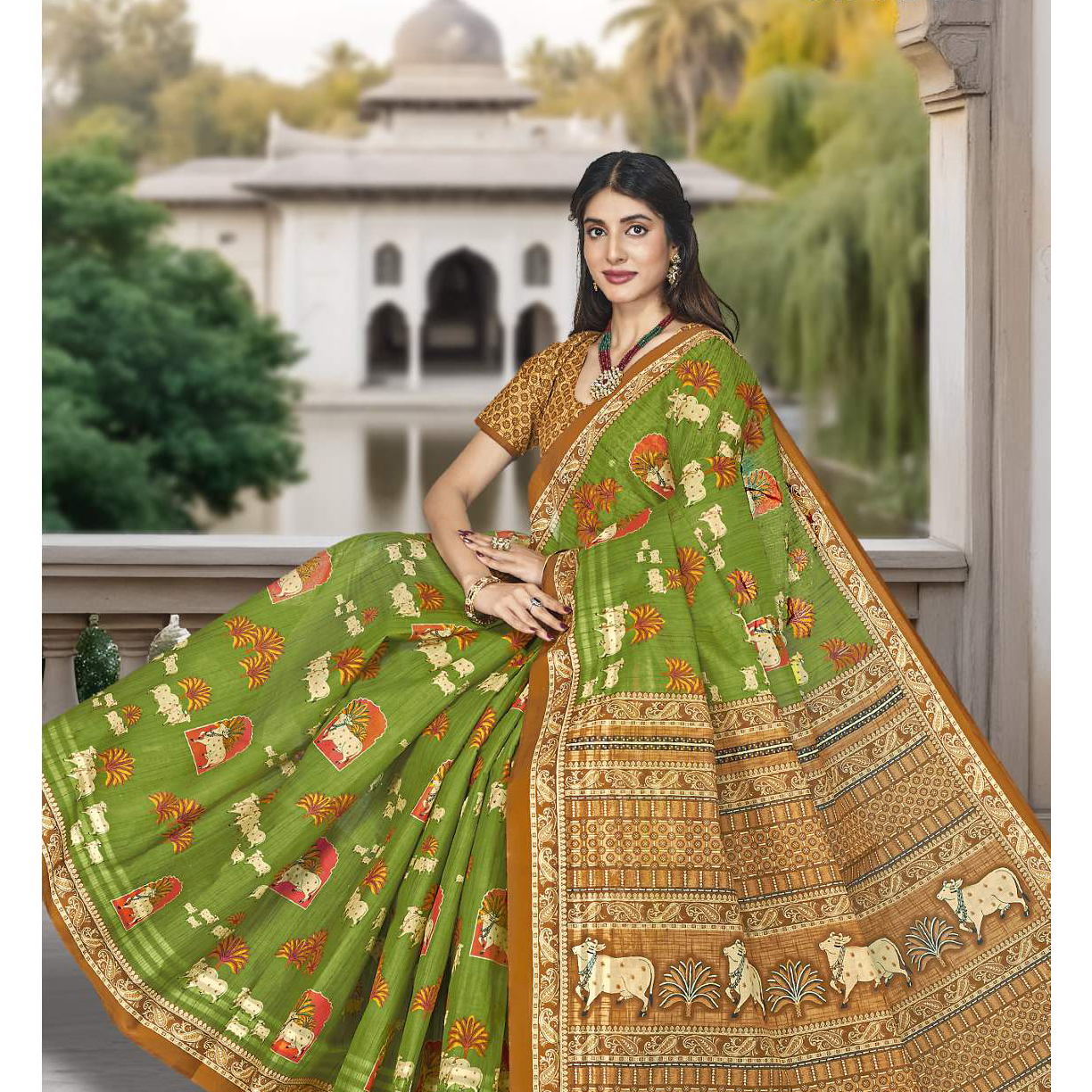 Olive Green cotton saree [sku:59446]