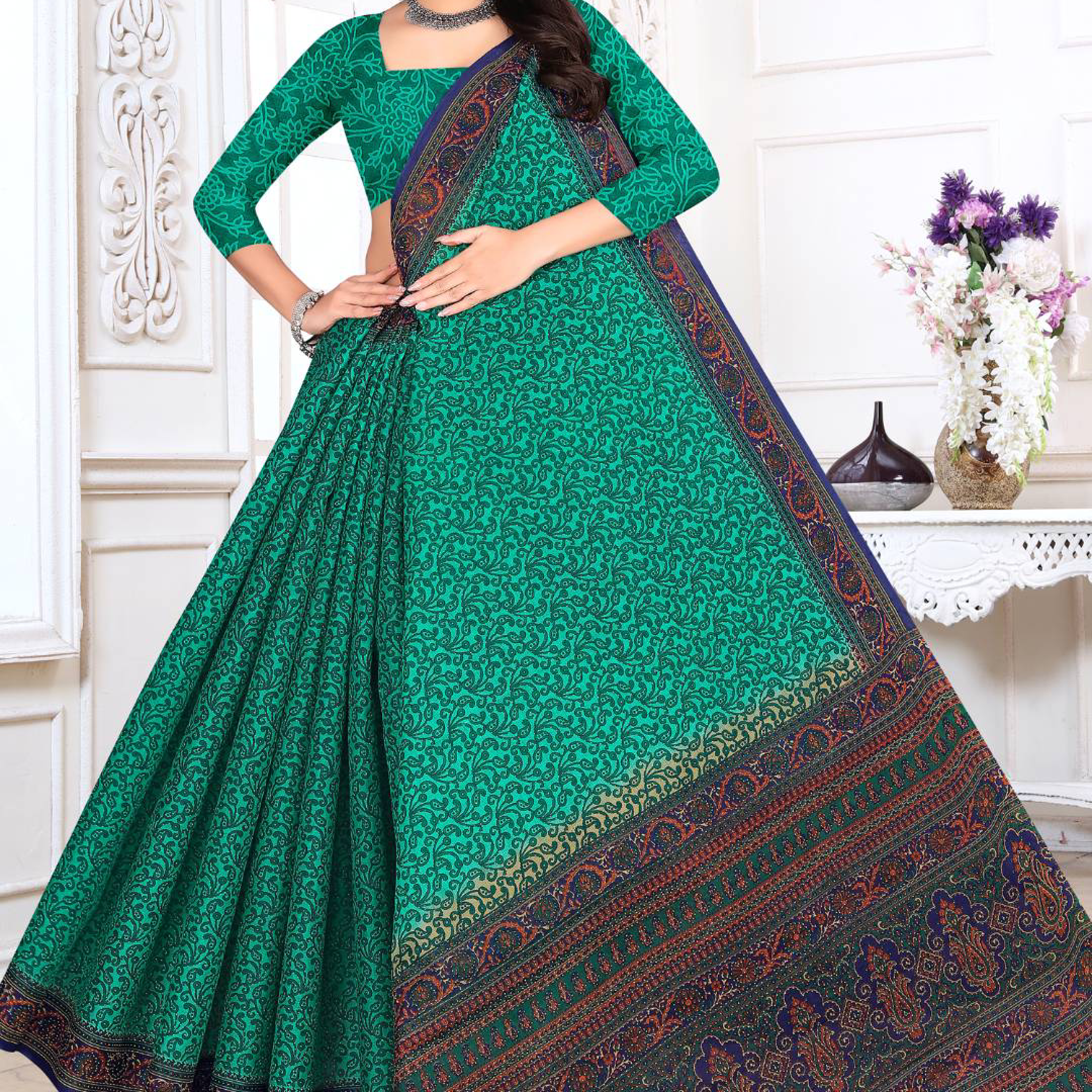 Emerald Green cotton saree [sku:KN-67660]