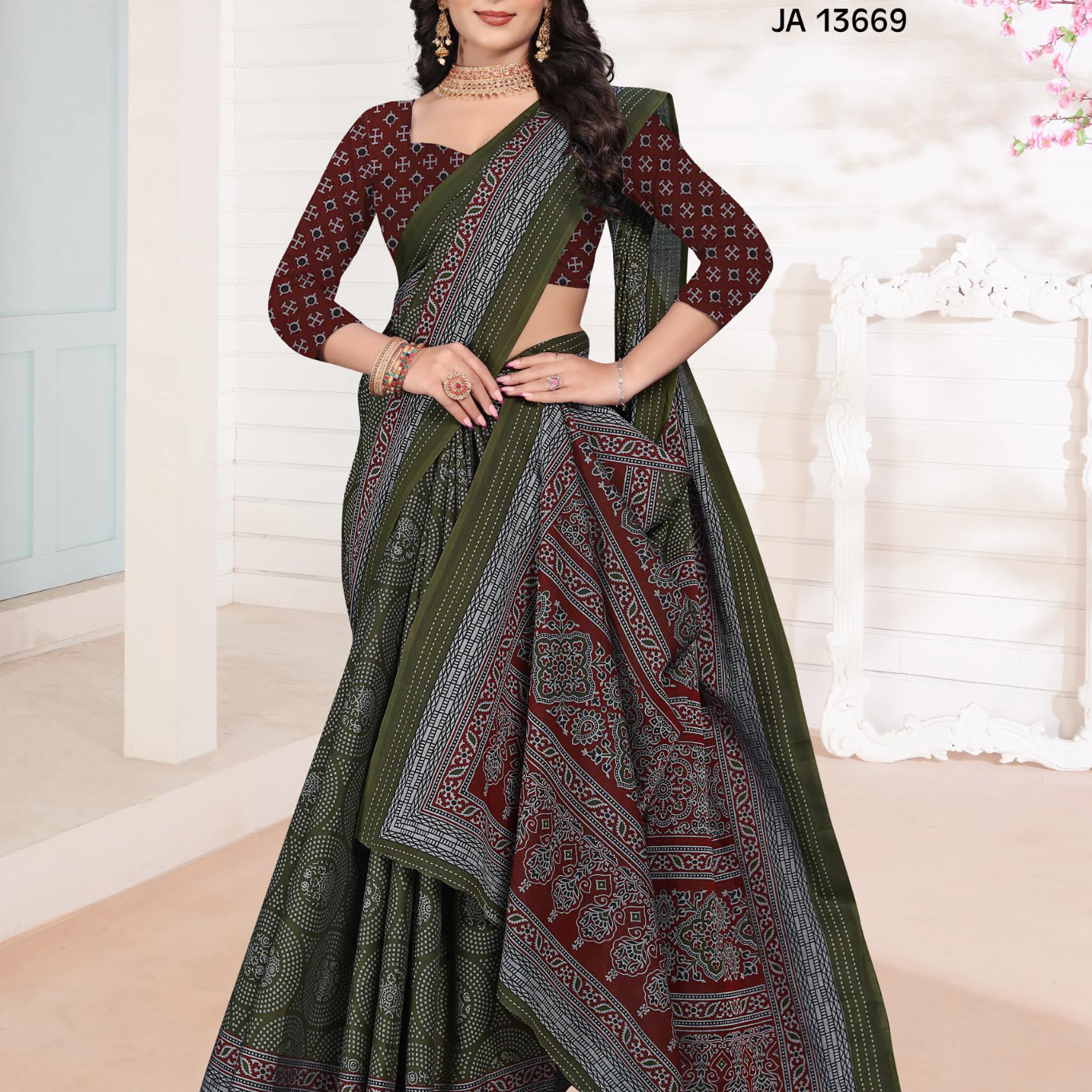 Olive Green muslin saree