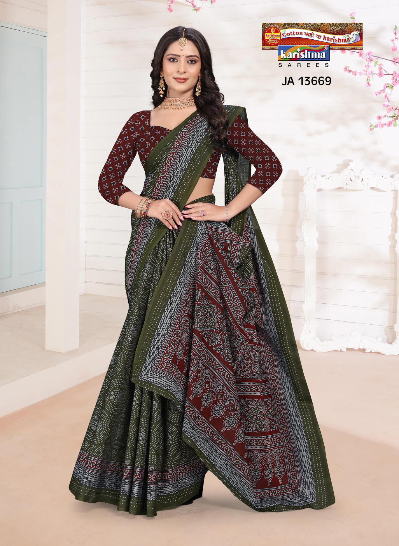 Olive Green muslin saree