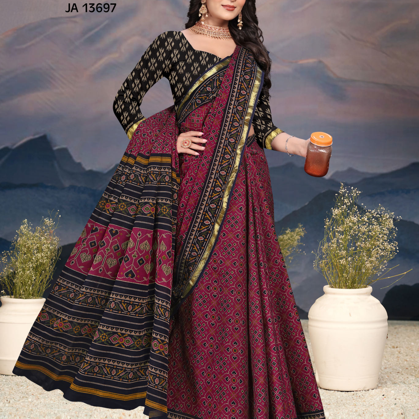 Magenta and Black muslin saree [sku:JA 13697]