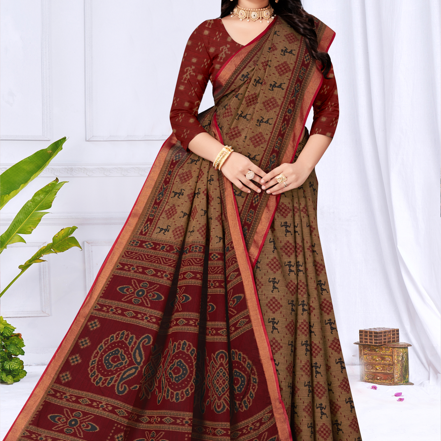 Brown & Maroon muslin saree