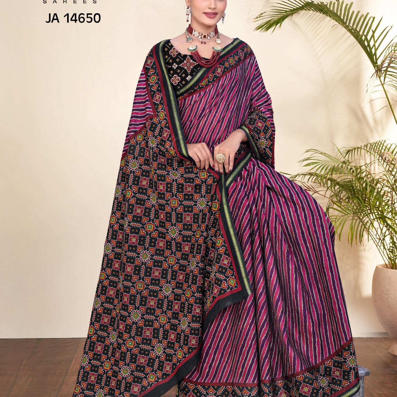 Purple & Black muslin saree [sku:JA 14650]