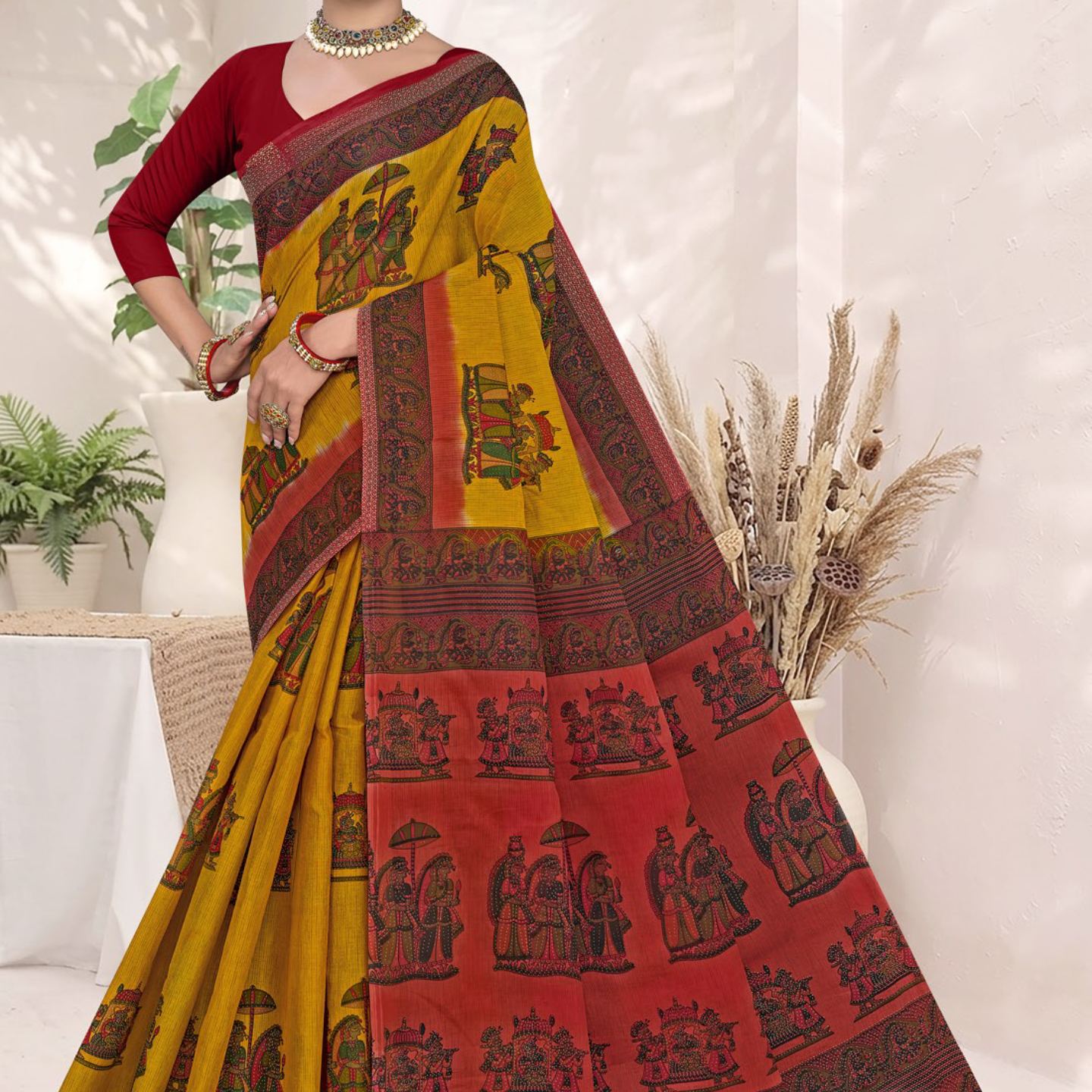 Yellow and Red cotton saree [sku:BV-24275]