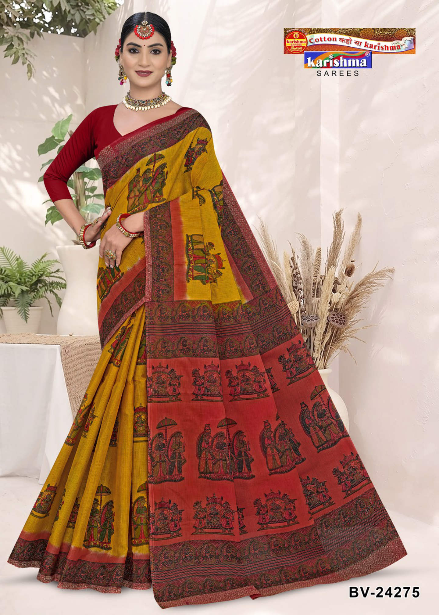 Yellow and Red cotton saree [sku:BV-24275]