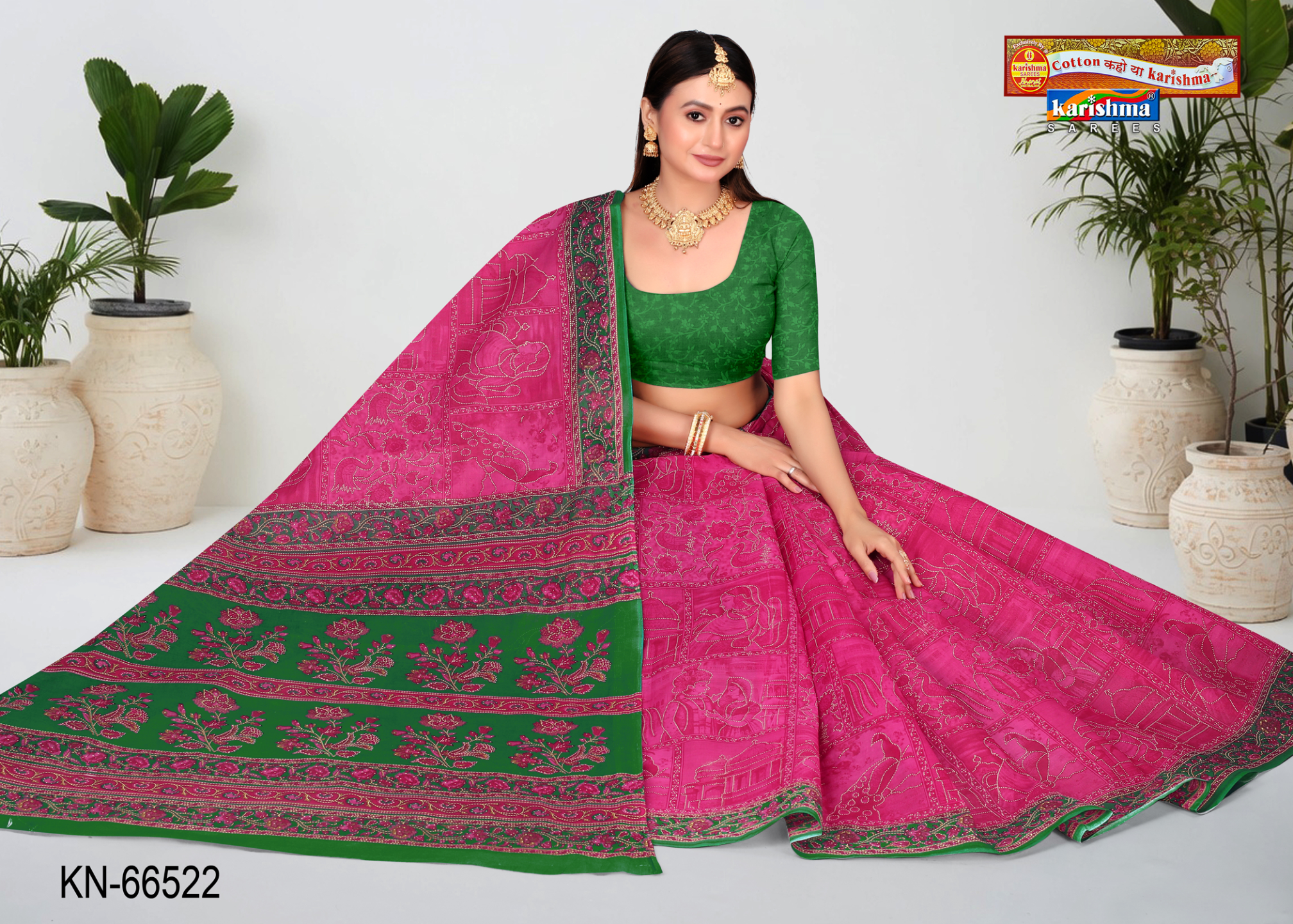 Pink & Green cotton saree [sku:KN-66522]