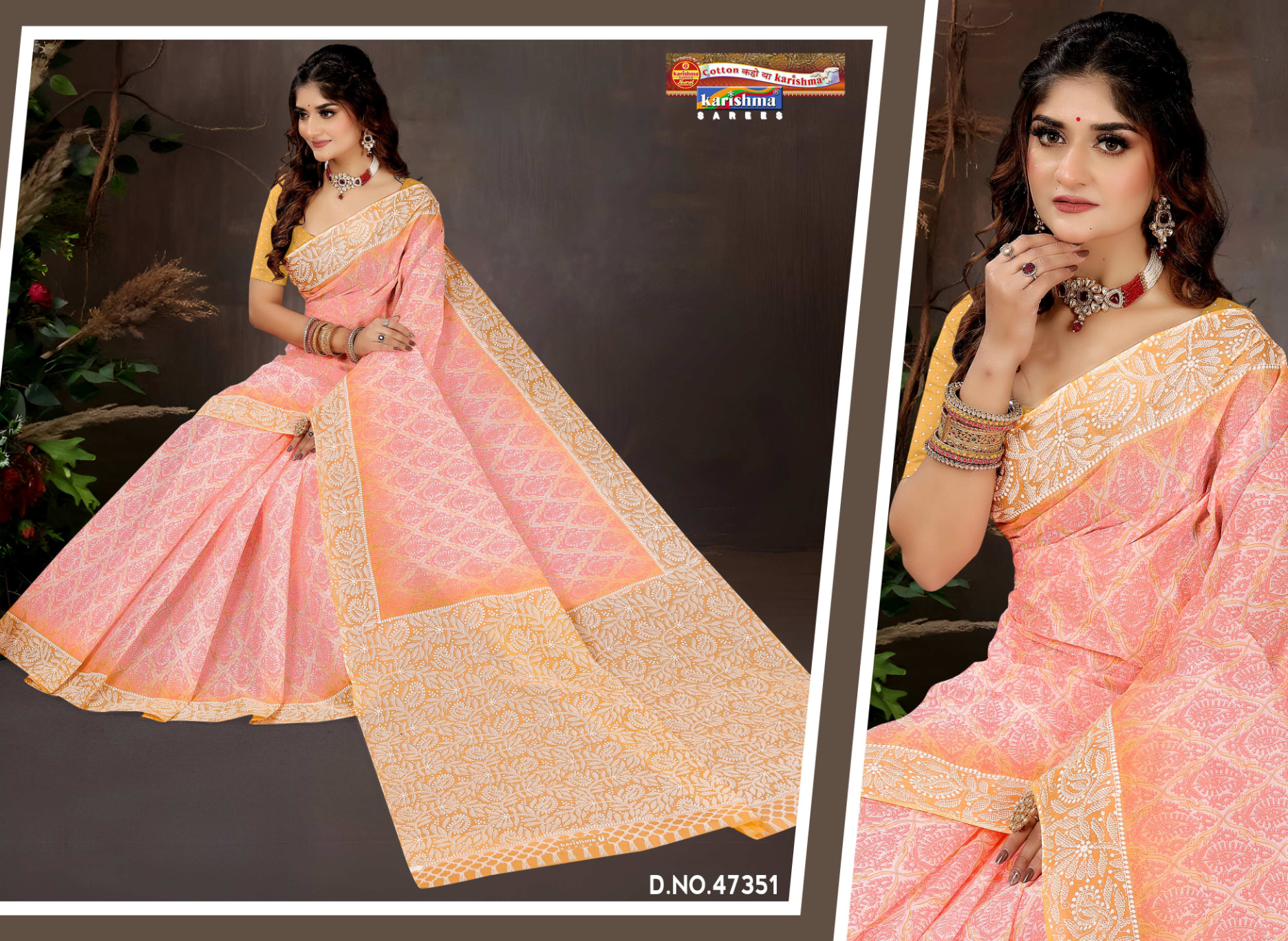 Pink & Yellow cotton saree [sku:D.NO.47351]