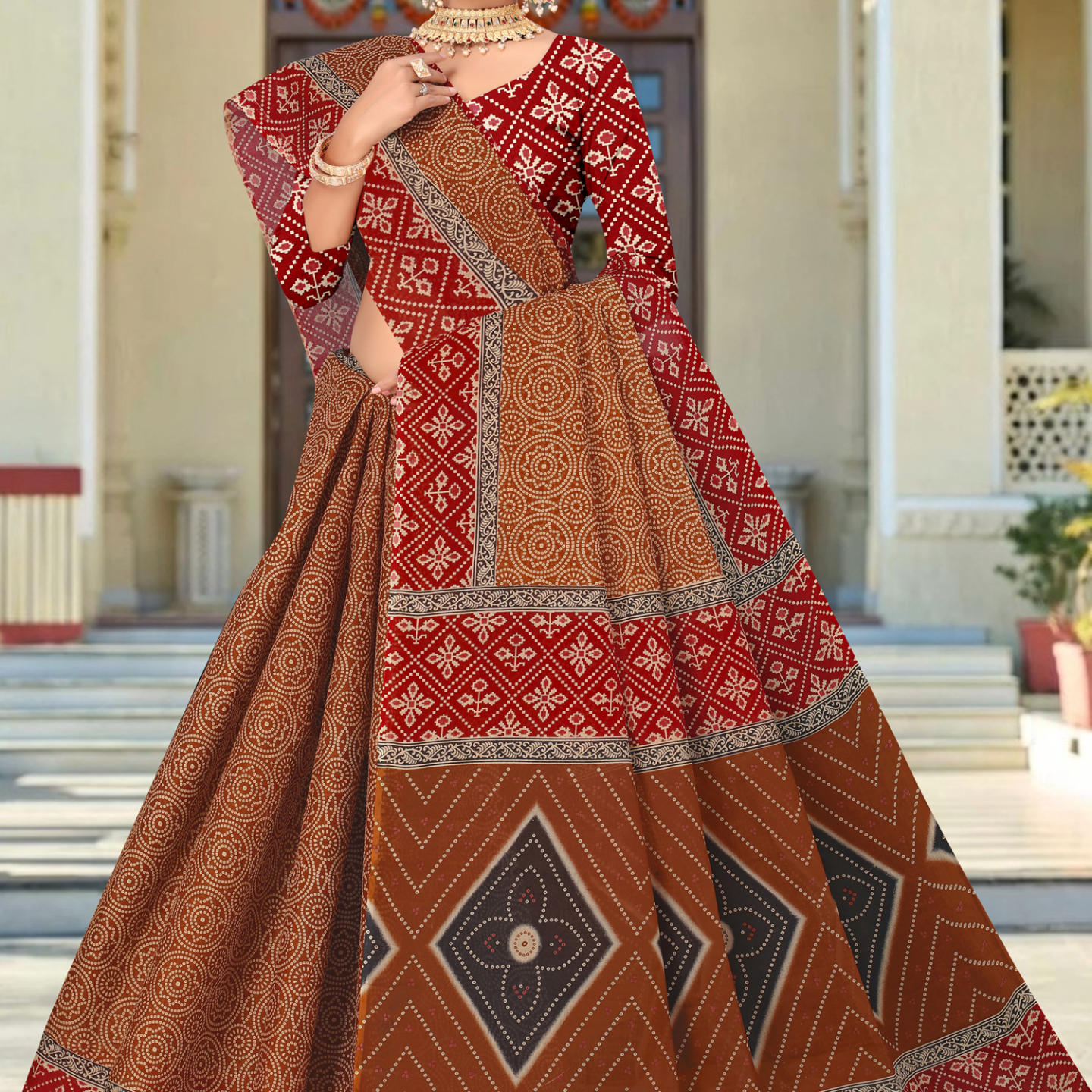 Brown & Red cotton saree [sku:KN-64610]