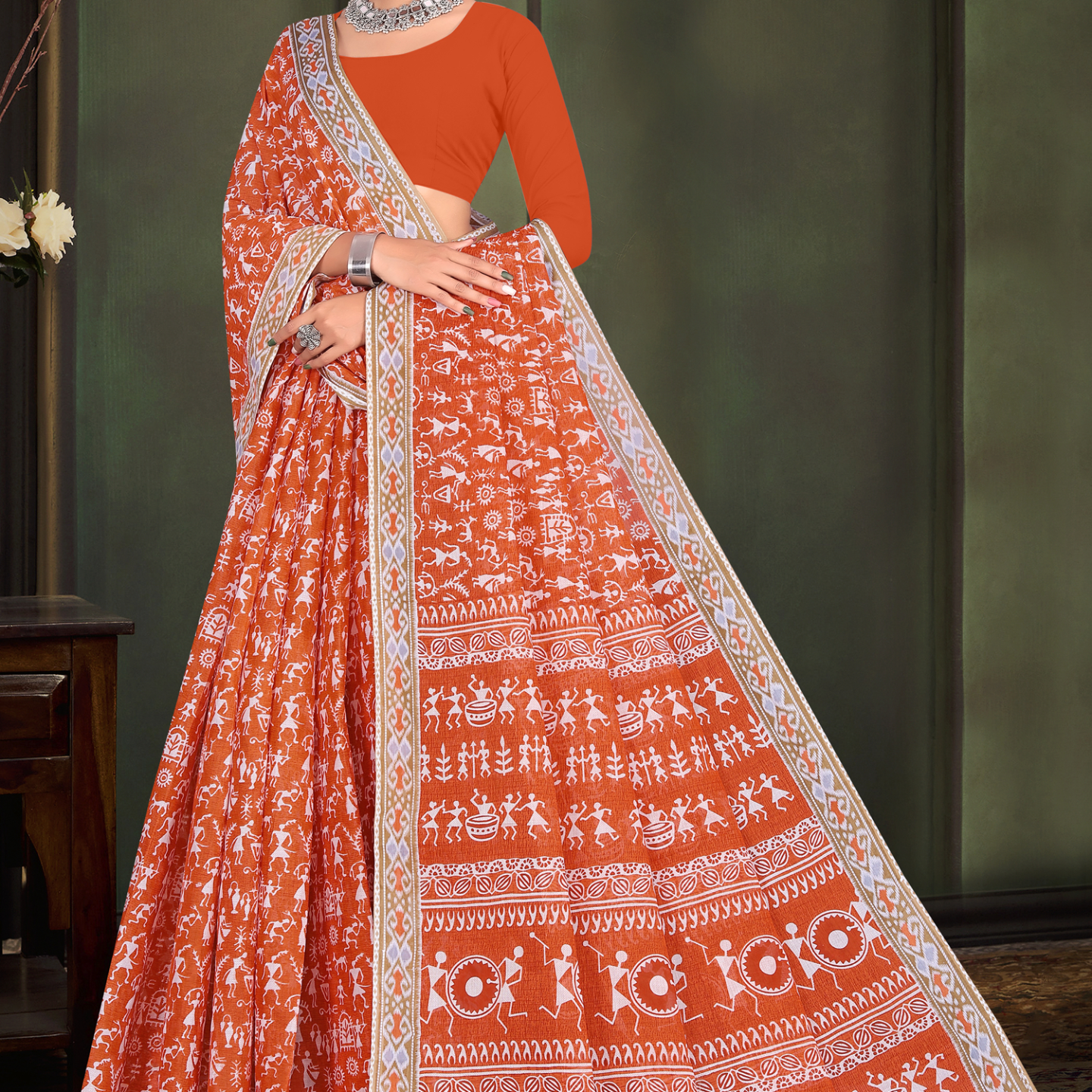Orange cotton saree
