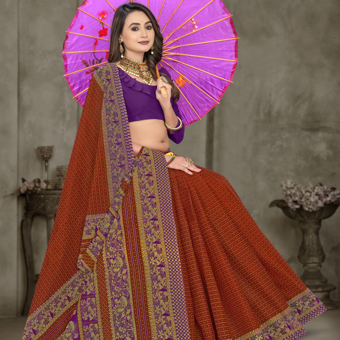 Rust Orange and Purple cotton saree [sku:BV-24799]
