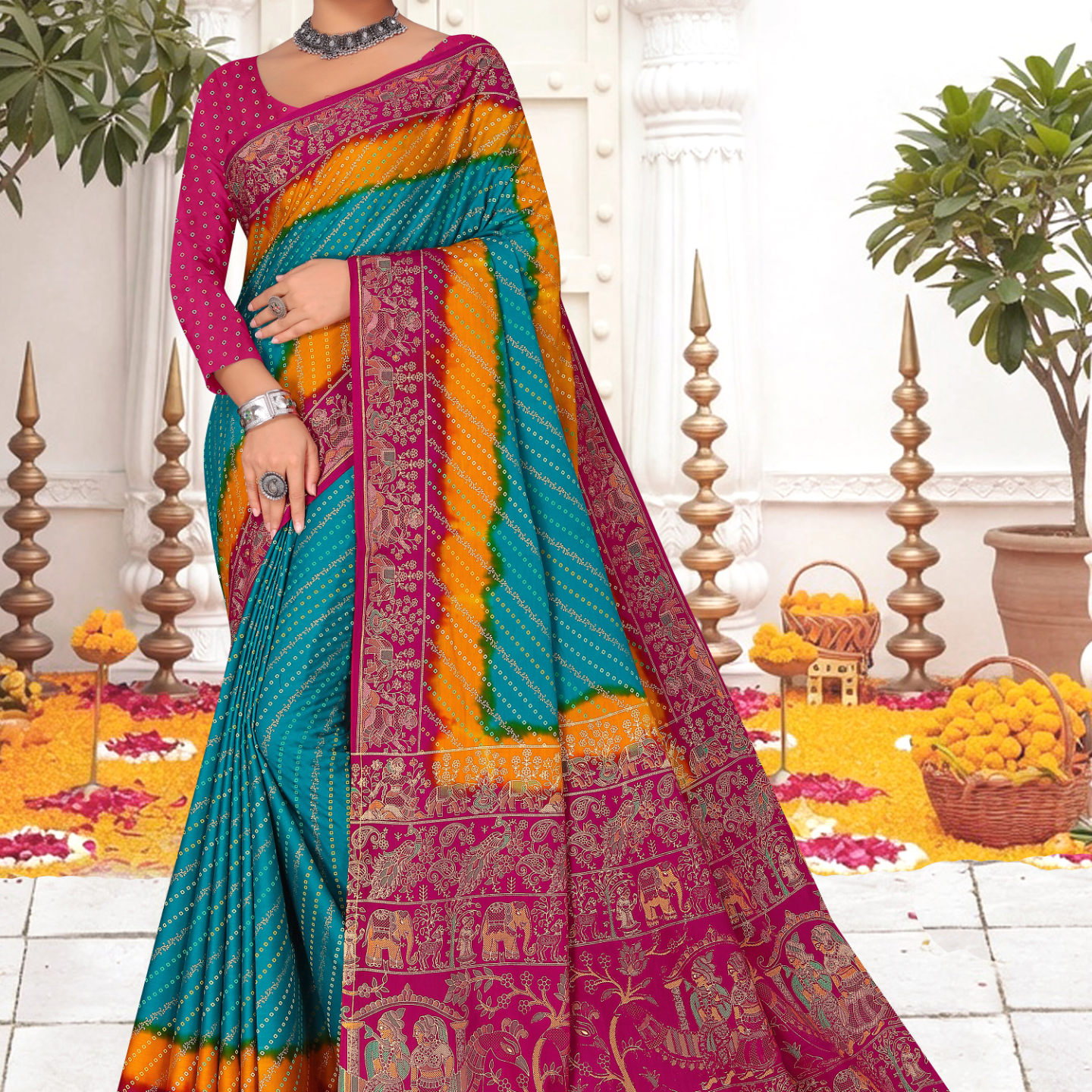 Teal and Magenta malai saree [sku:KN-67904]
