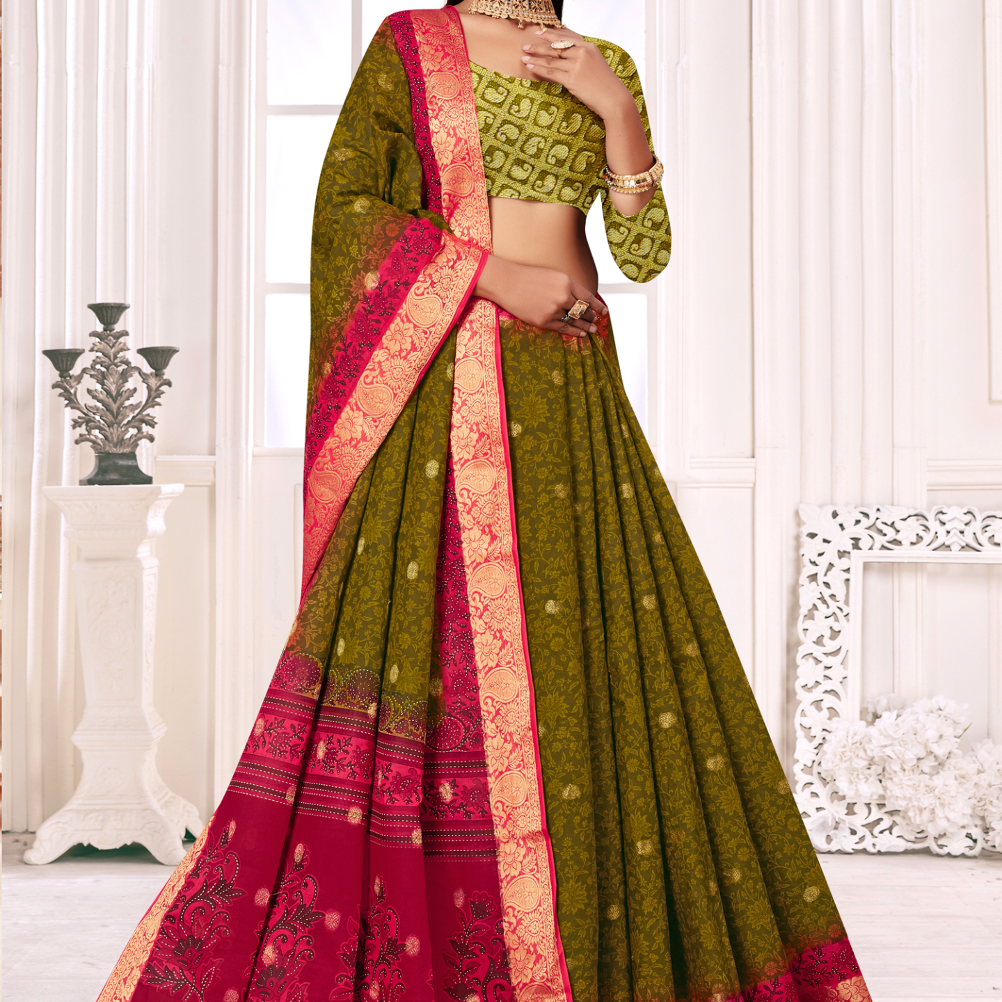 Olive Green and Magenta malai saree [sku:KN-66904]