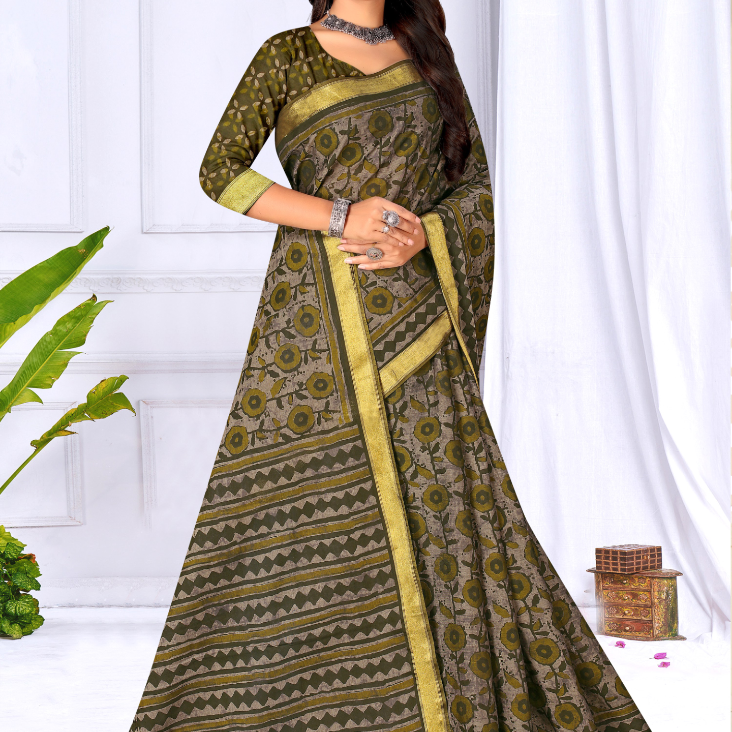 Olive Green muslin saree [sku:KN-65911]