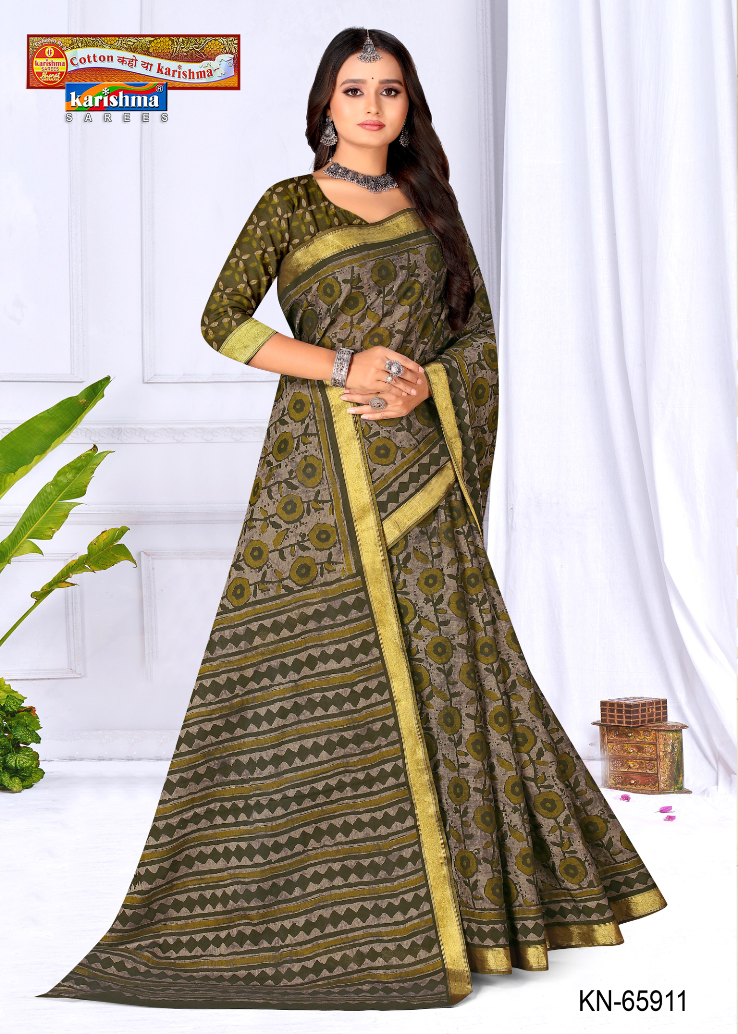 Olive Green muslin saree [sku:KN-65911]