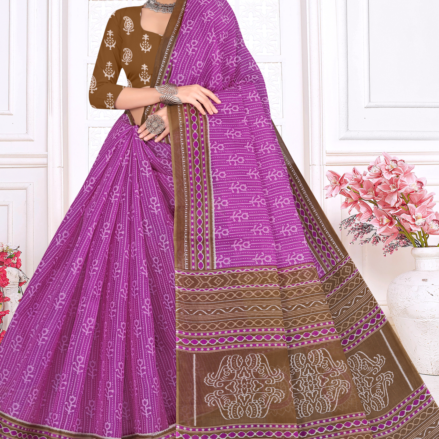 Purple & Brown cotton saree [sku:KN-67472]