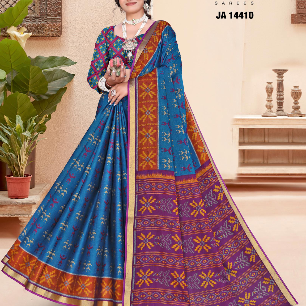Blue & Purple muslin saree [sku:JA-14410]