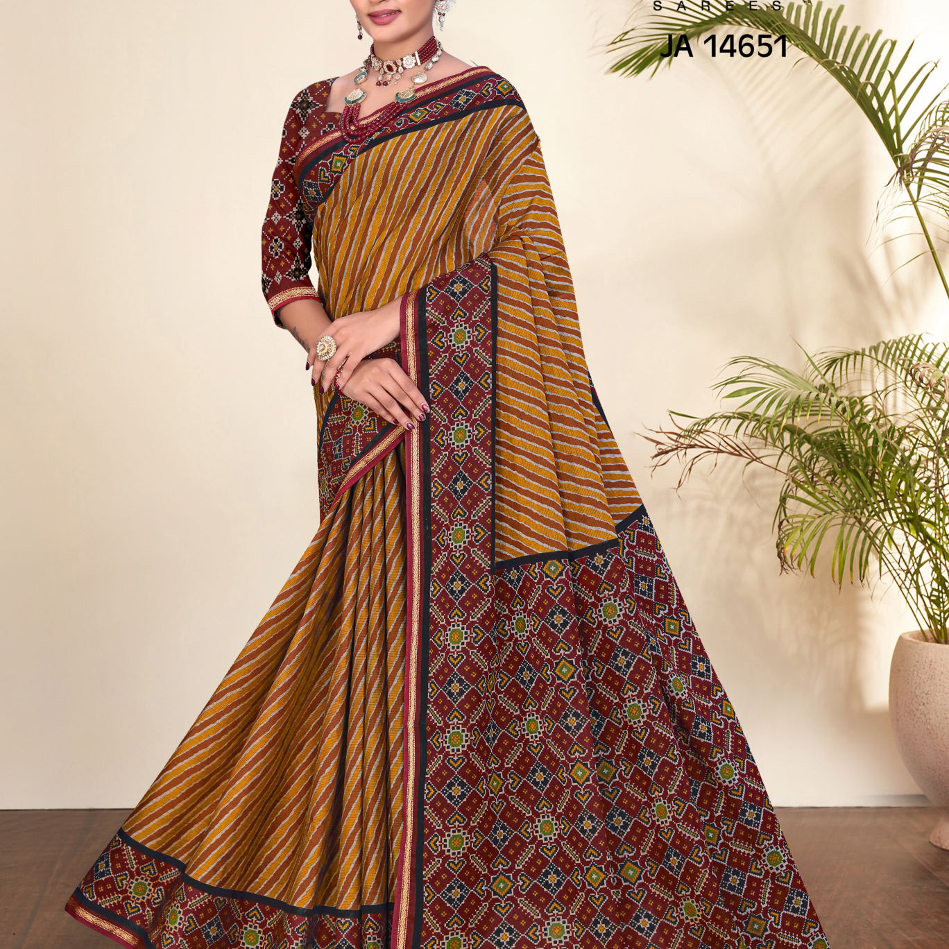 Mustard Yellow & Maroon muslin saree [sku:JA 14651]
