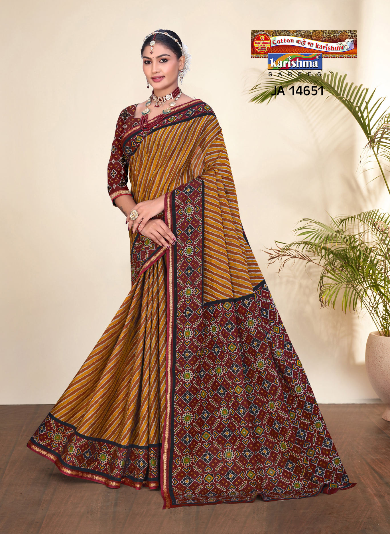 Mustard Yellow & Maroon muslin saree [sku:JA 14651]