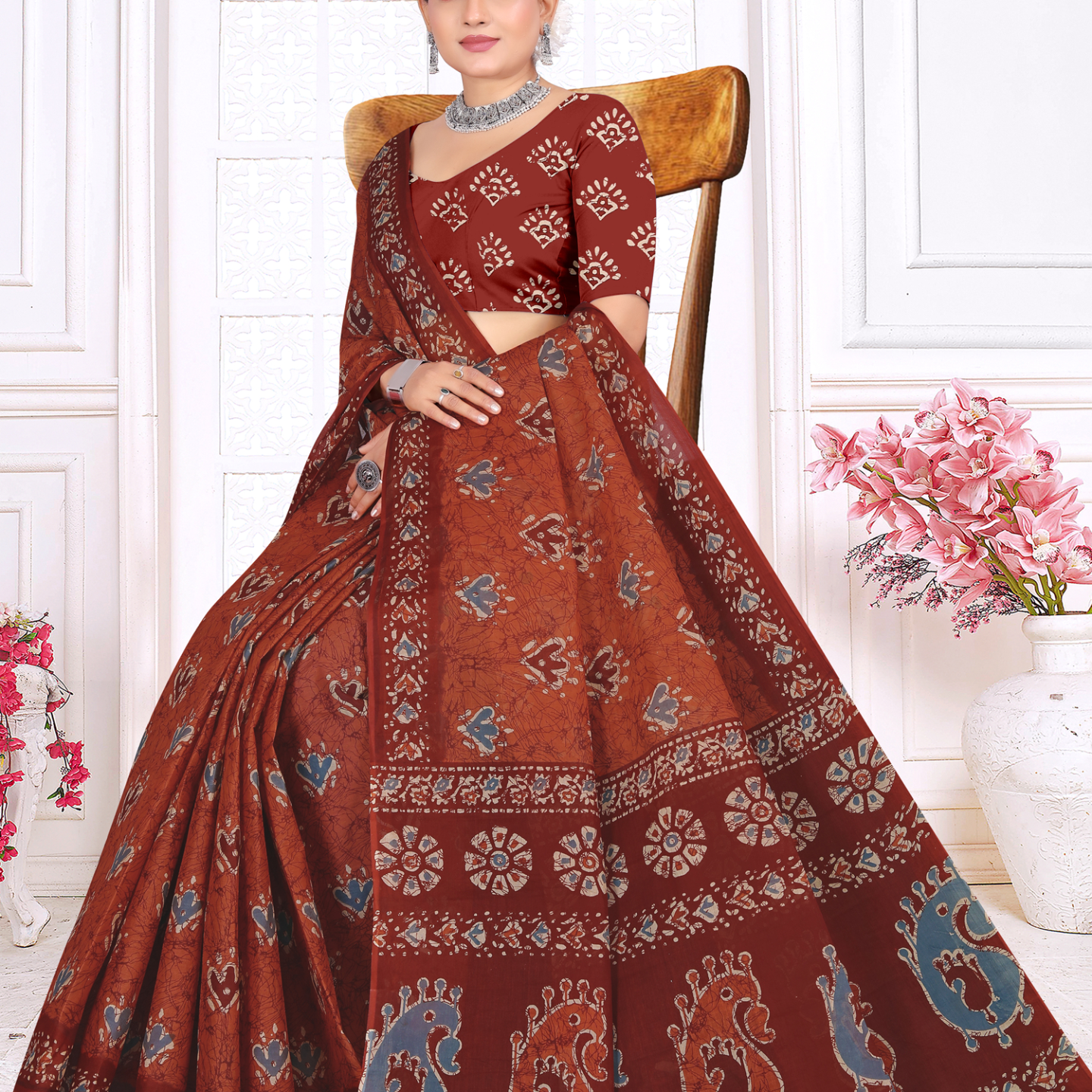 Rust Brown cotton saree [sku:KN-67526]