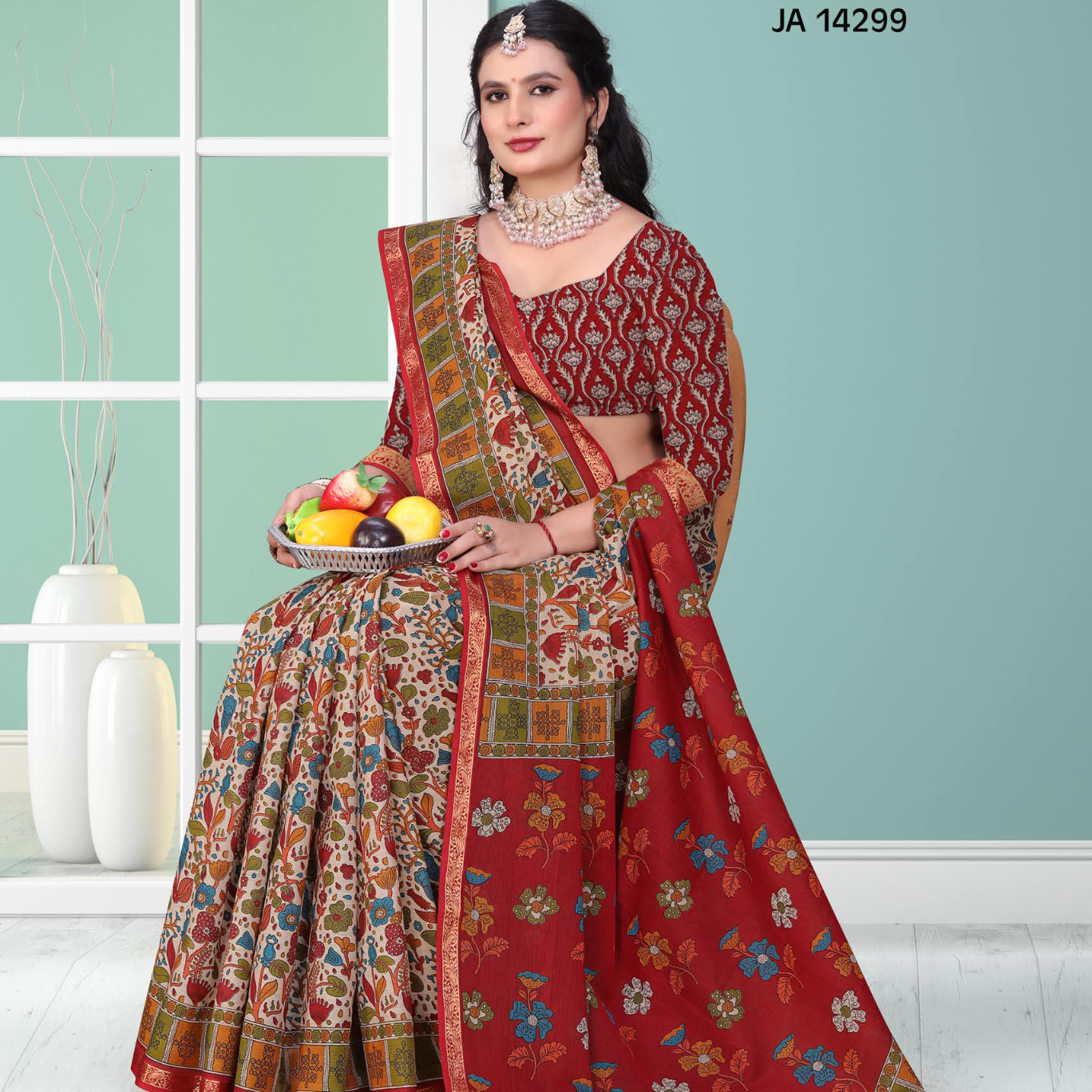 Red & Beige muslin saree [sku:JA 14299]