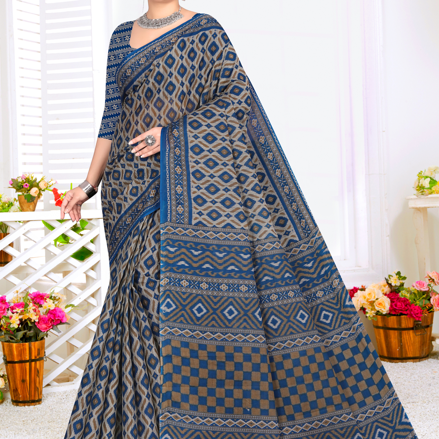 Blue & Grey cotton saree [sku:KN-67245]