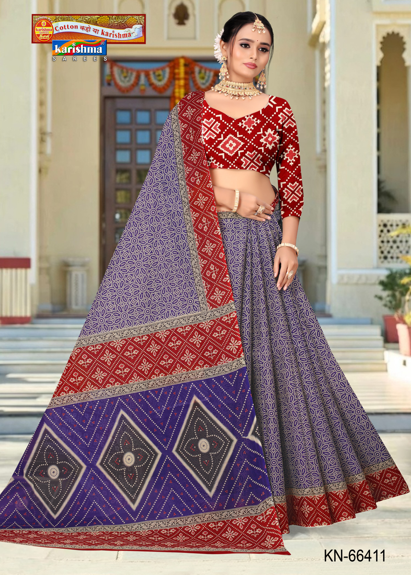 Blue & Red cotton saree [sku:KN-64611]