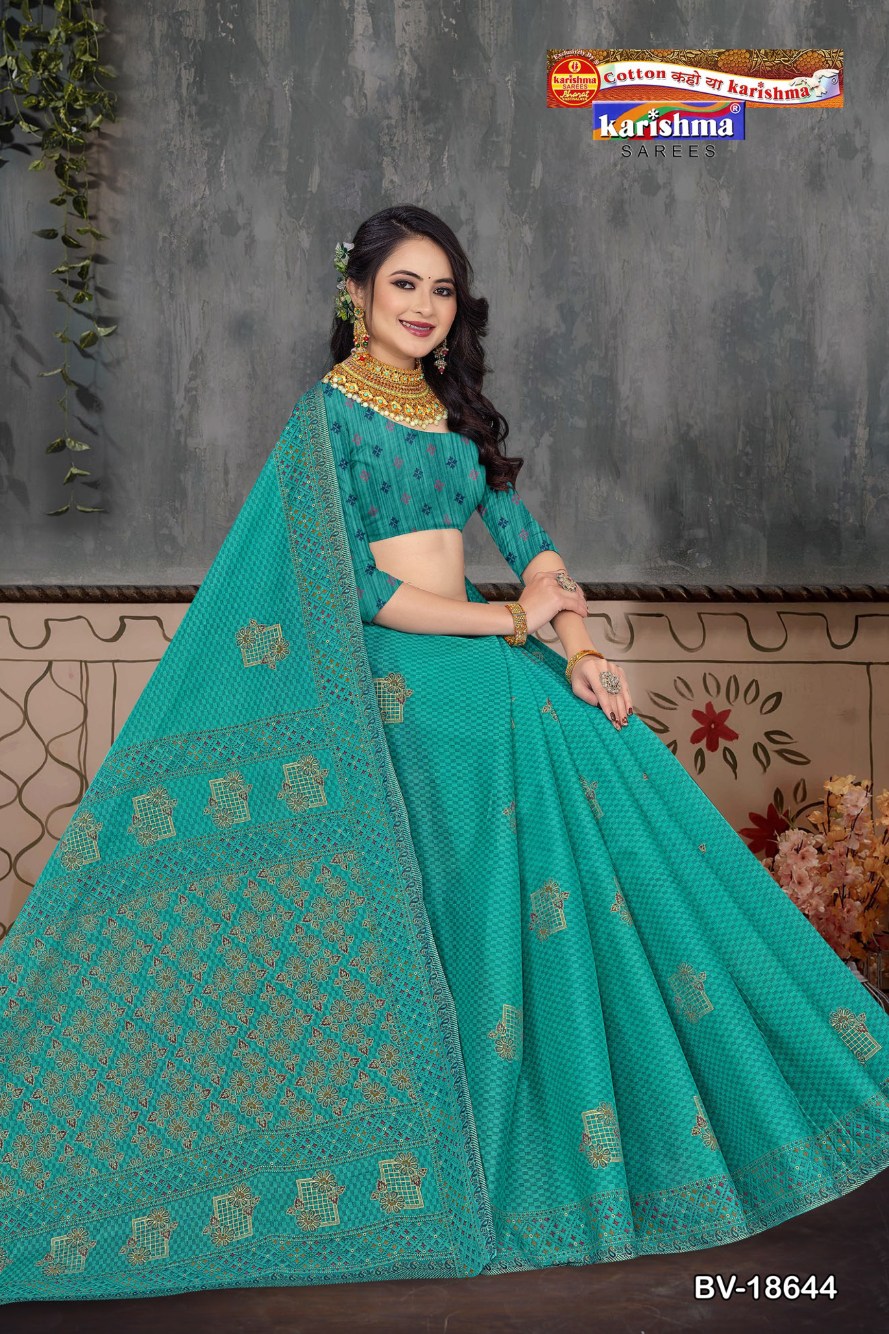 Teal Blue cotton saree [sku:BV-18644]