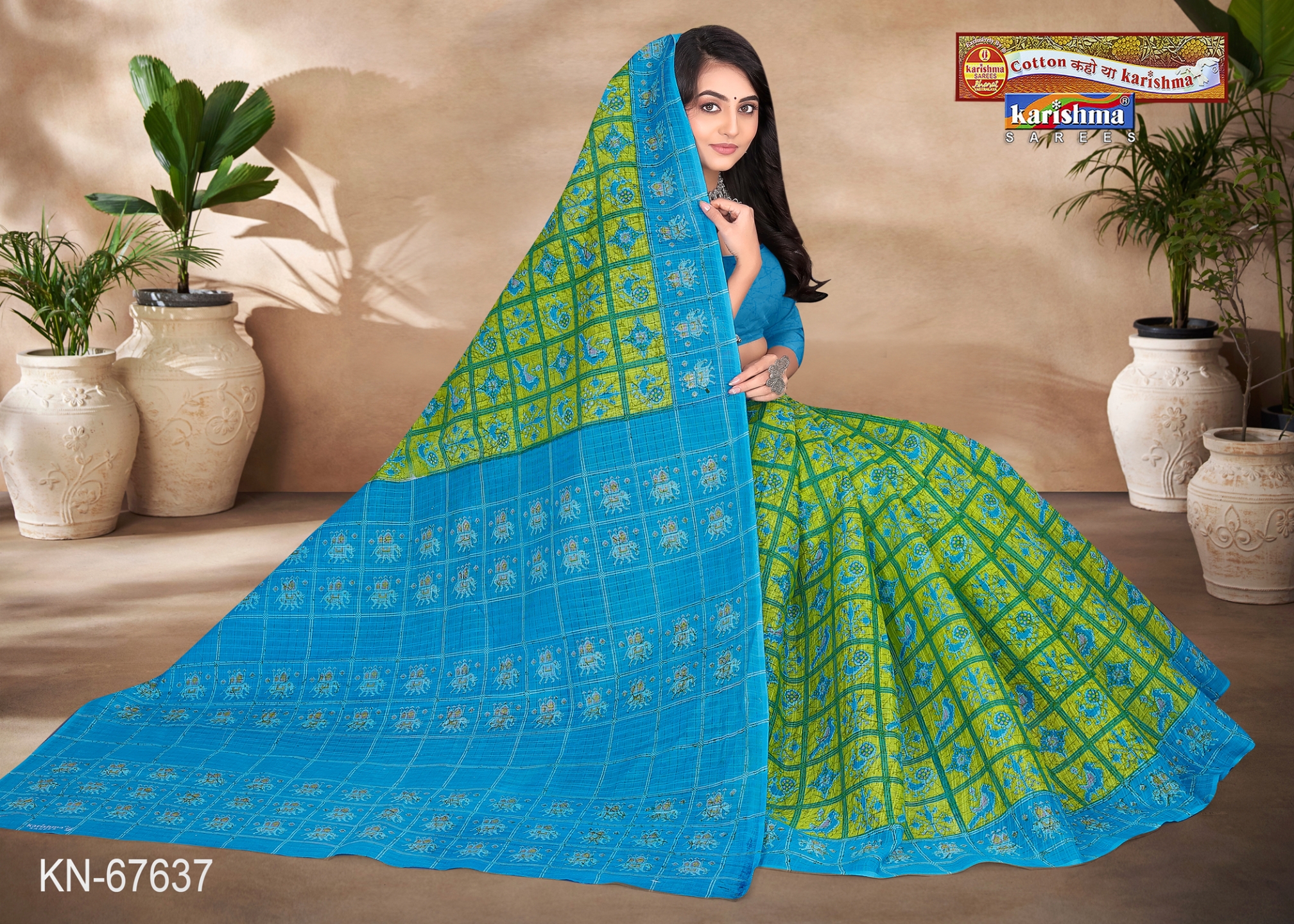 Blue & Green cotton saree