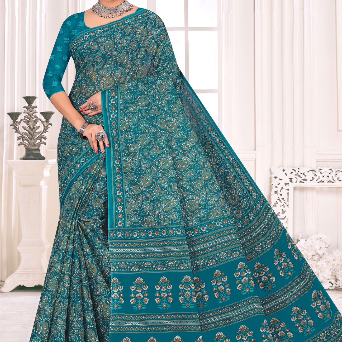 Teal Blue cotton saree [sku:KN-66978]