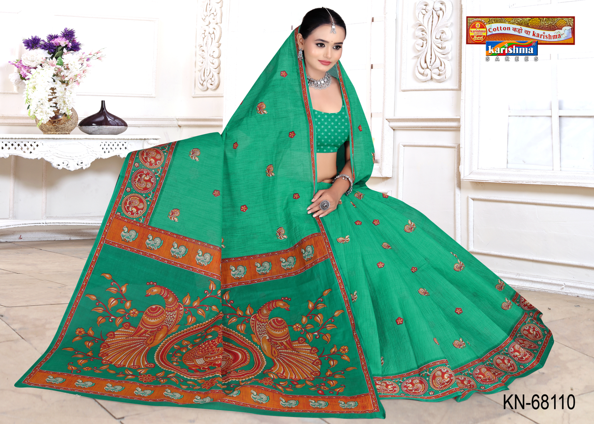 Emerald Green cotton saree [sku:KN-68110]