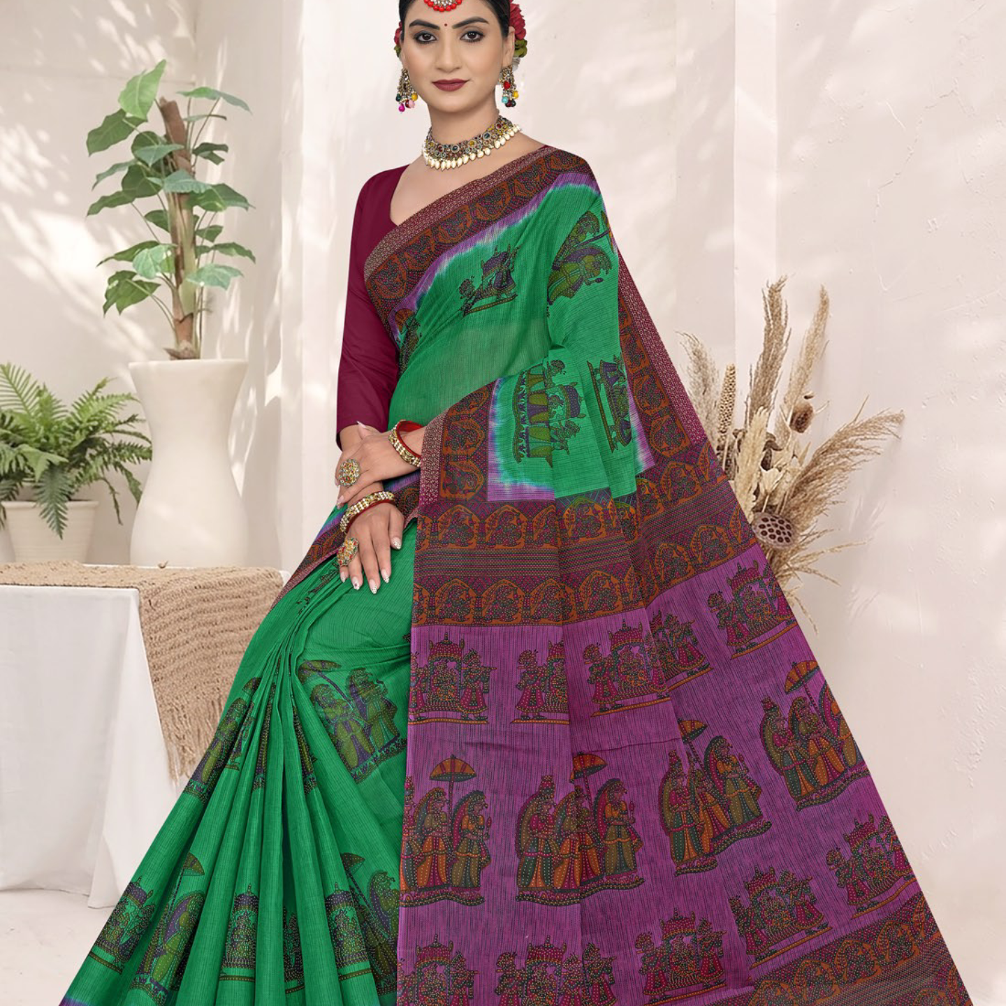 Green and Purple cotton saree [sku:BV-24276]