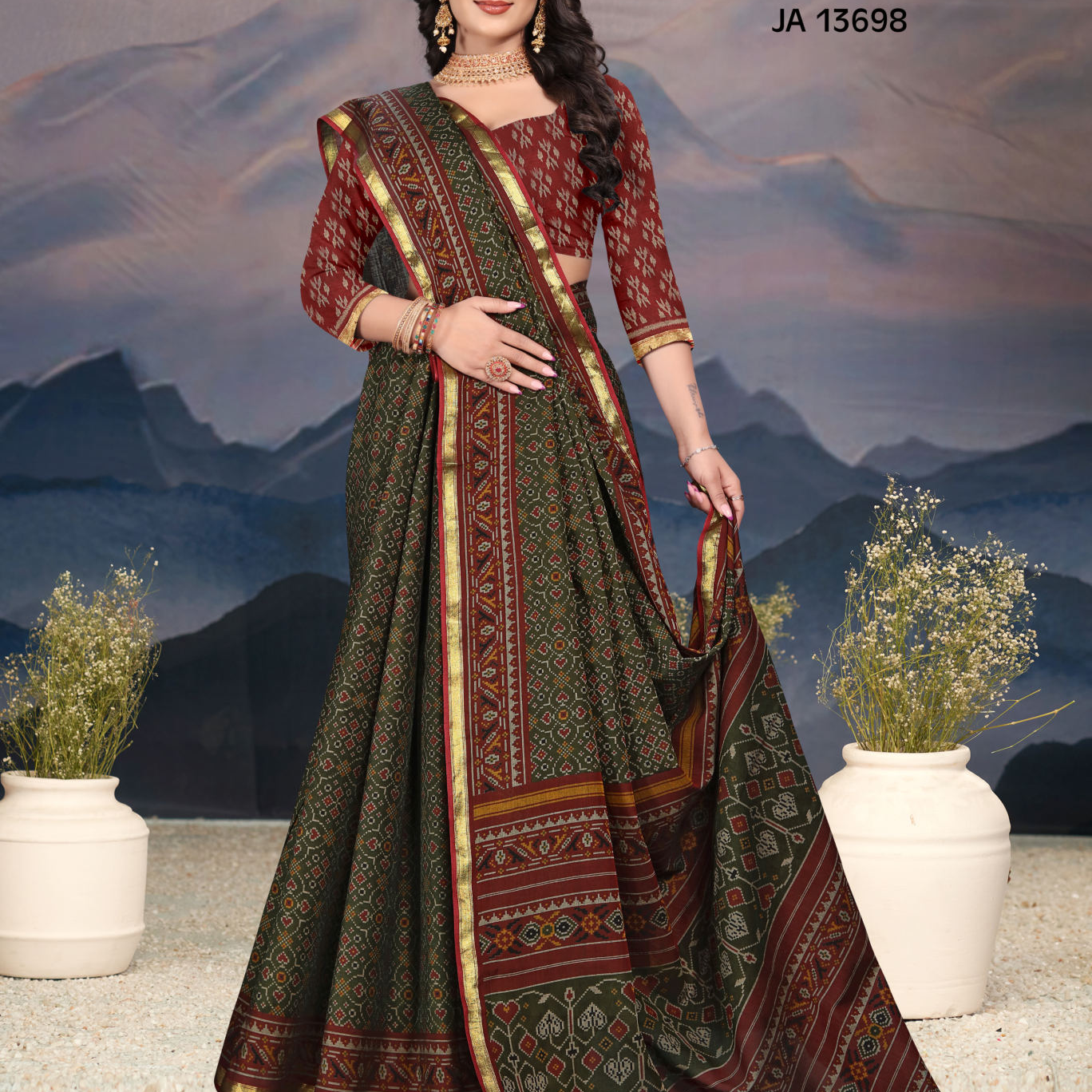 Olive Green and Red muslin saree [sku:JA 13698]