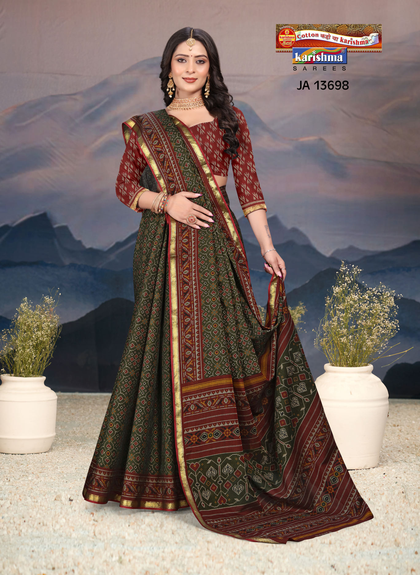 Olive Green and Red muslin saree [sku:JA 13698]
