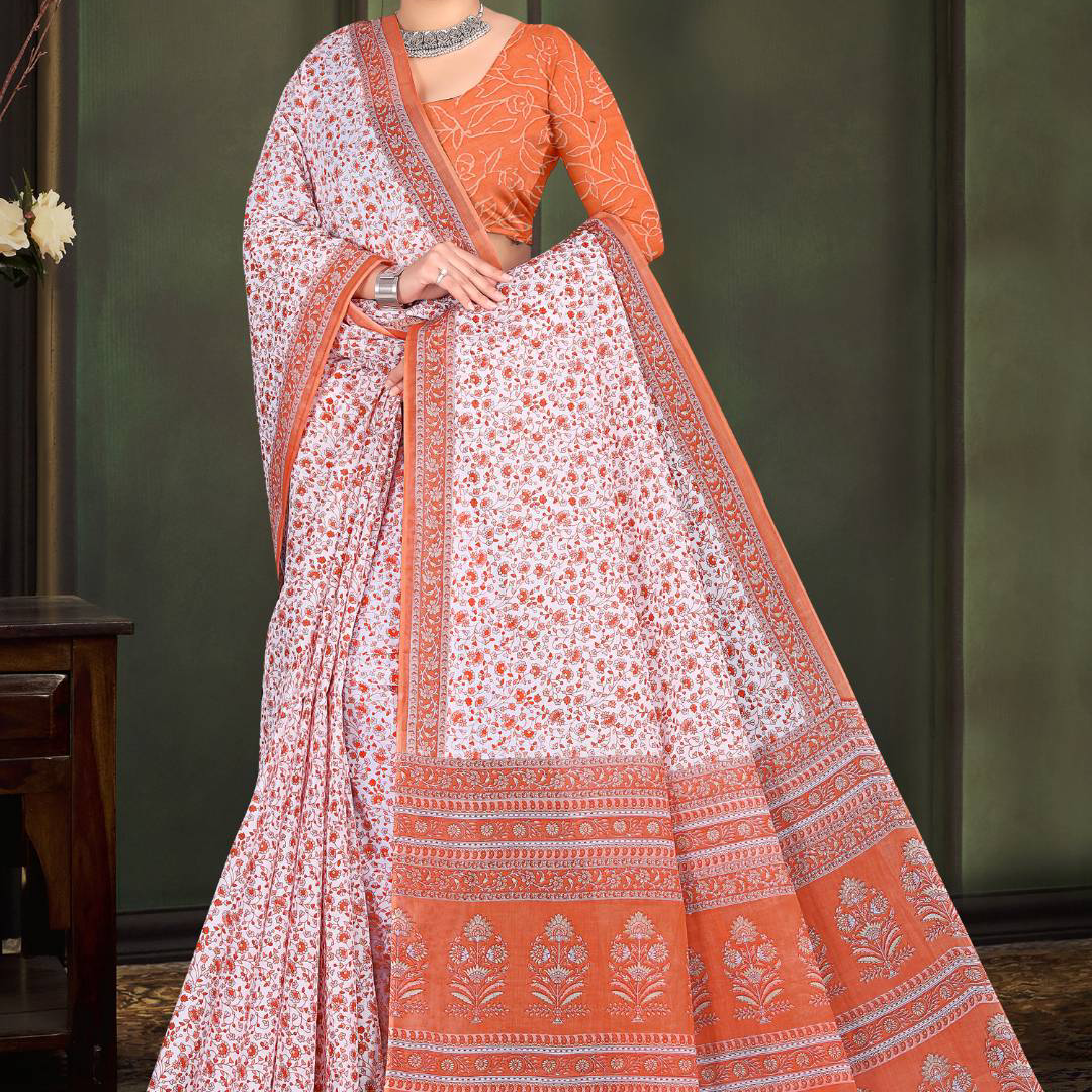 Orange & White cotton saree