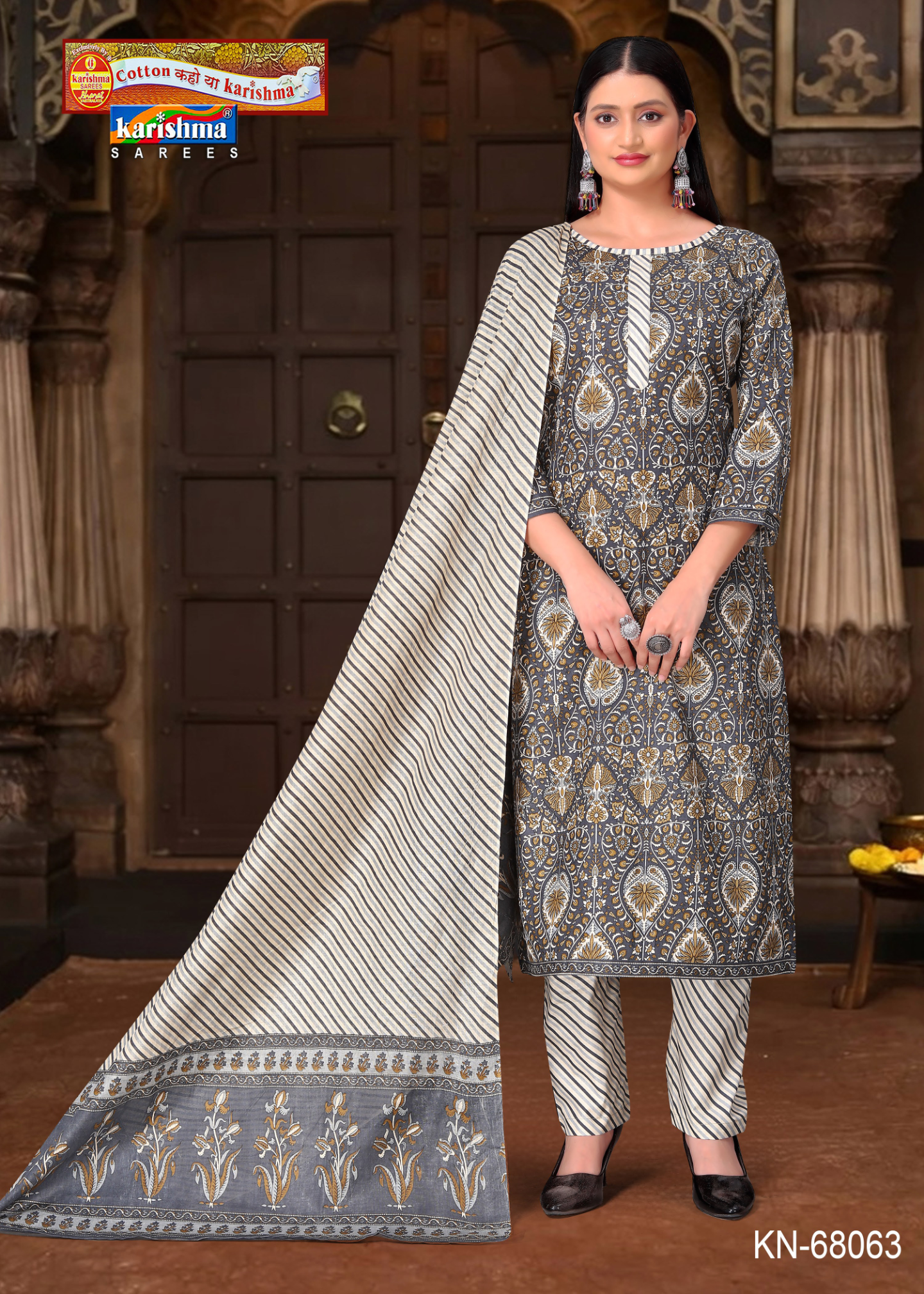 Grey and Gold cotton saree [sku:KN-68063]