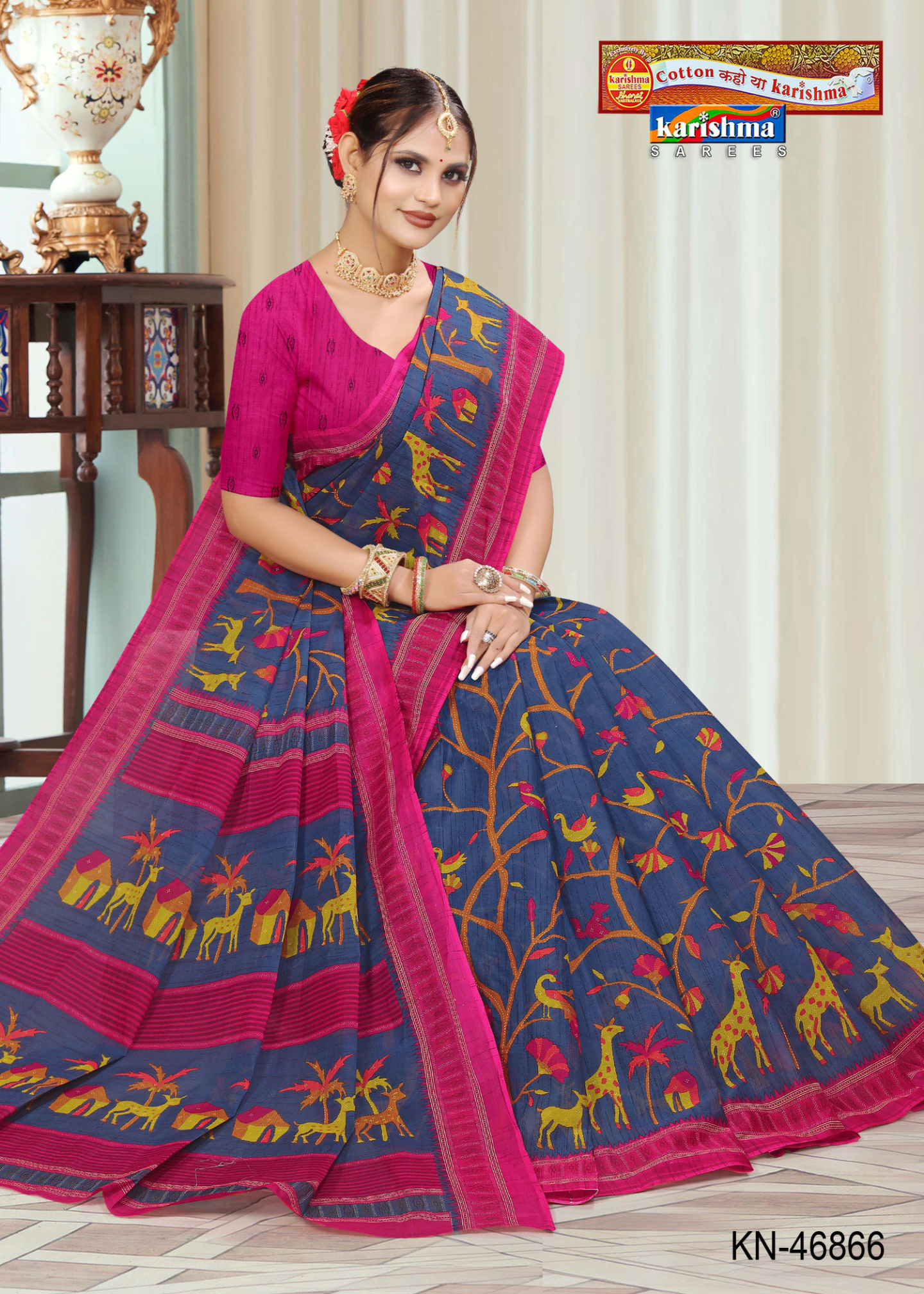 Navy Blue & Pink cotton saree [sku:KN-46866]