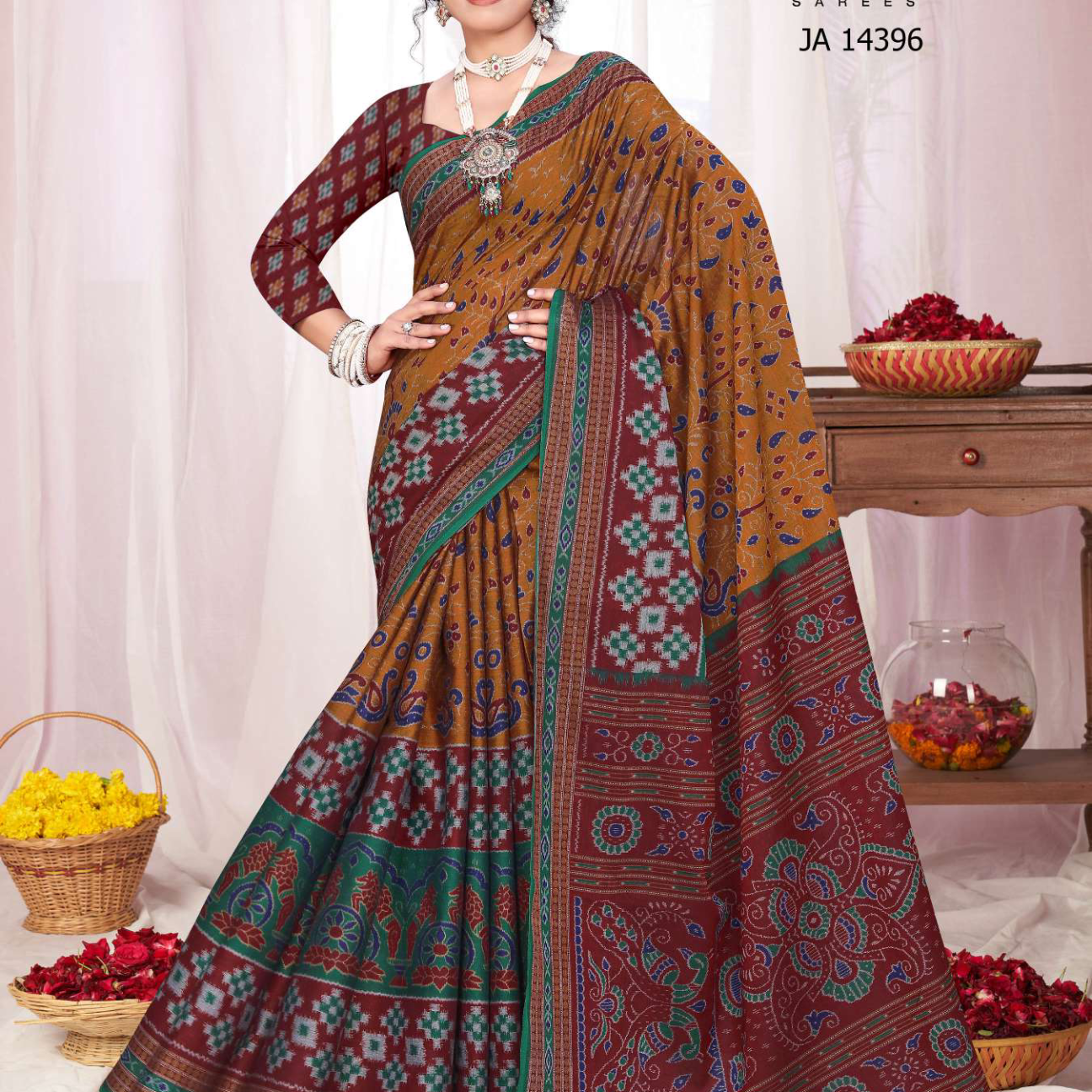 Mustard Yellow & Green muslin saree