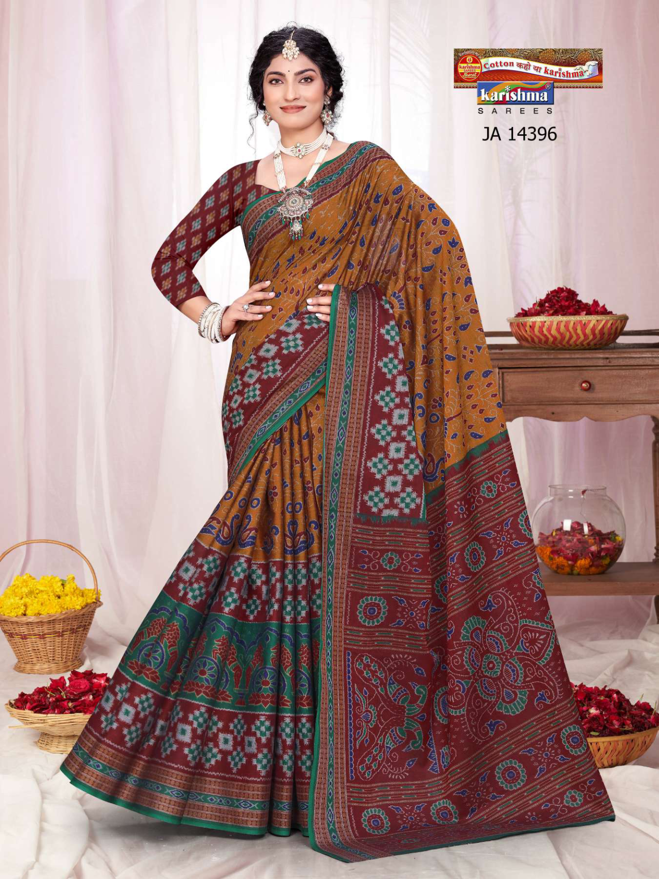 Mustard Yellow & Green muslin saree