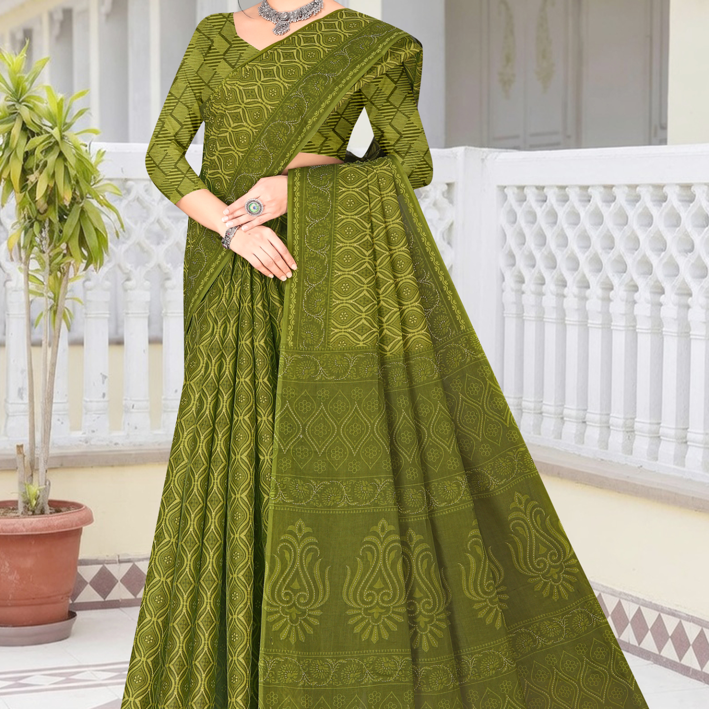 Olive Green cotton saree