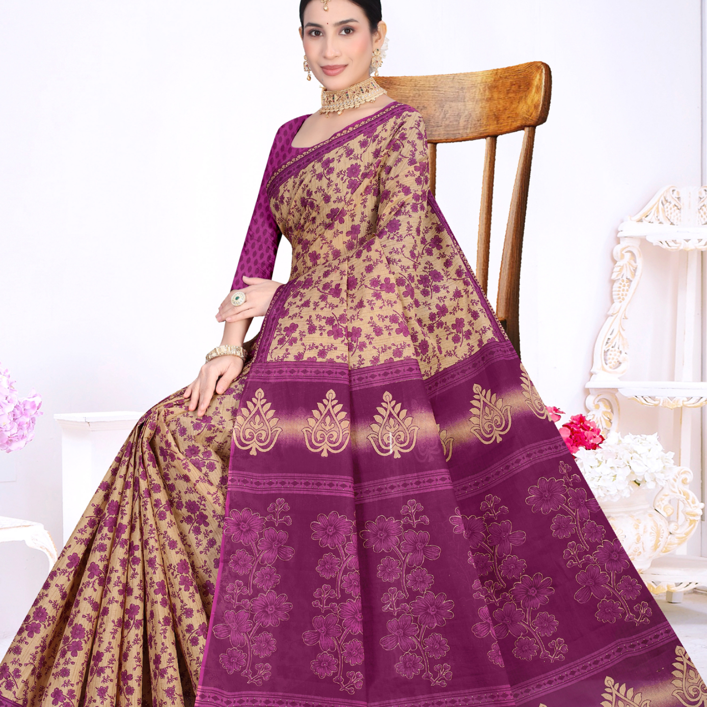 Purple & Beige cotton saree [sku:KN-57991]