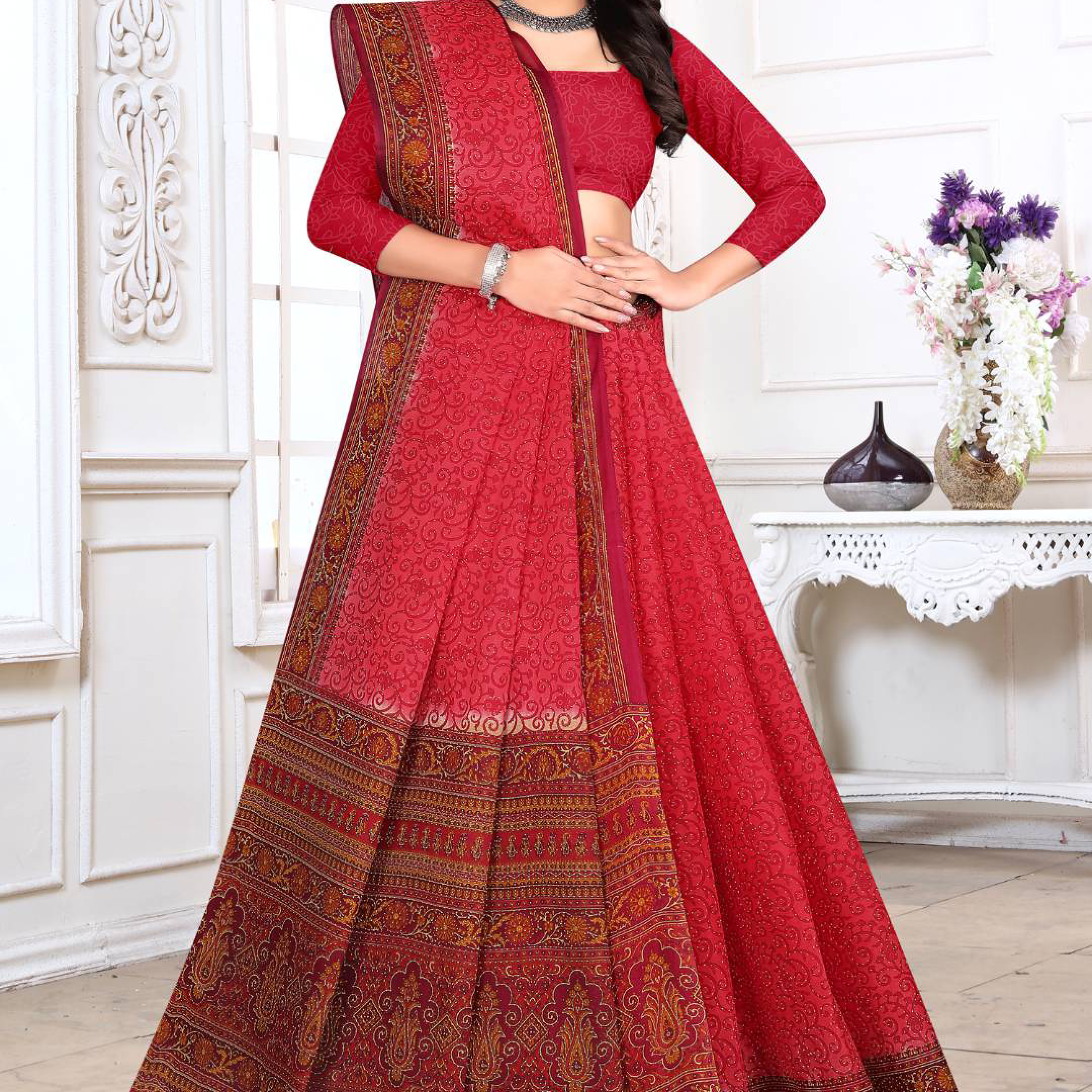 Crimson Red cotton saree [sku:KN-67661]