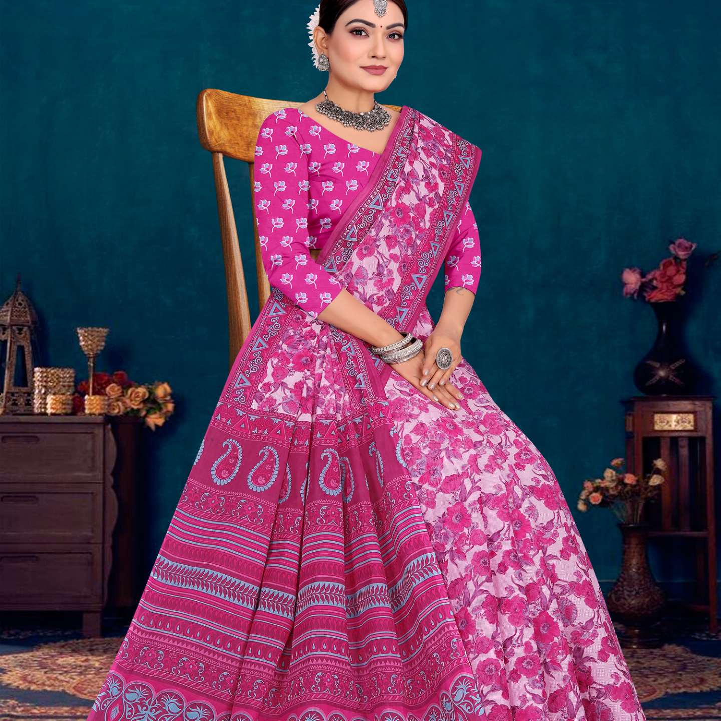 Pink and Magenta cotton saree [sku:KN-66609]